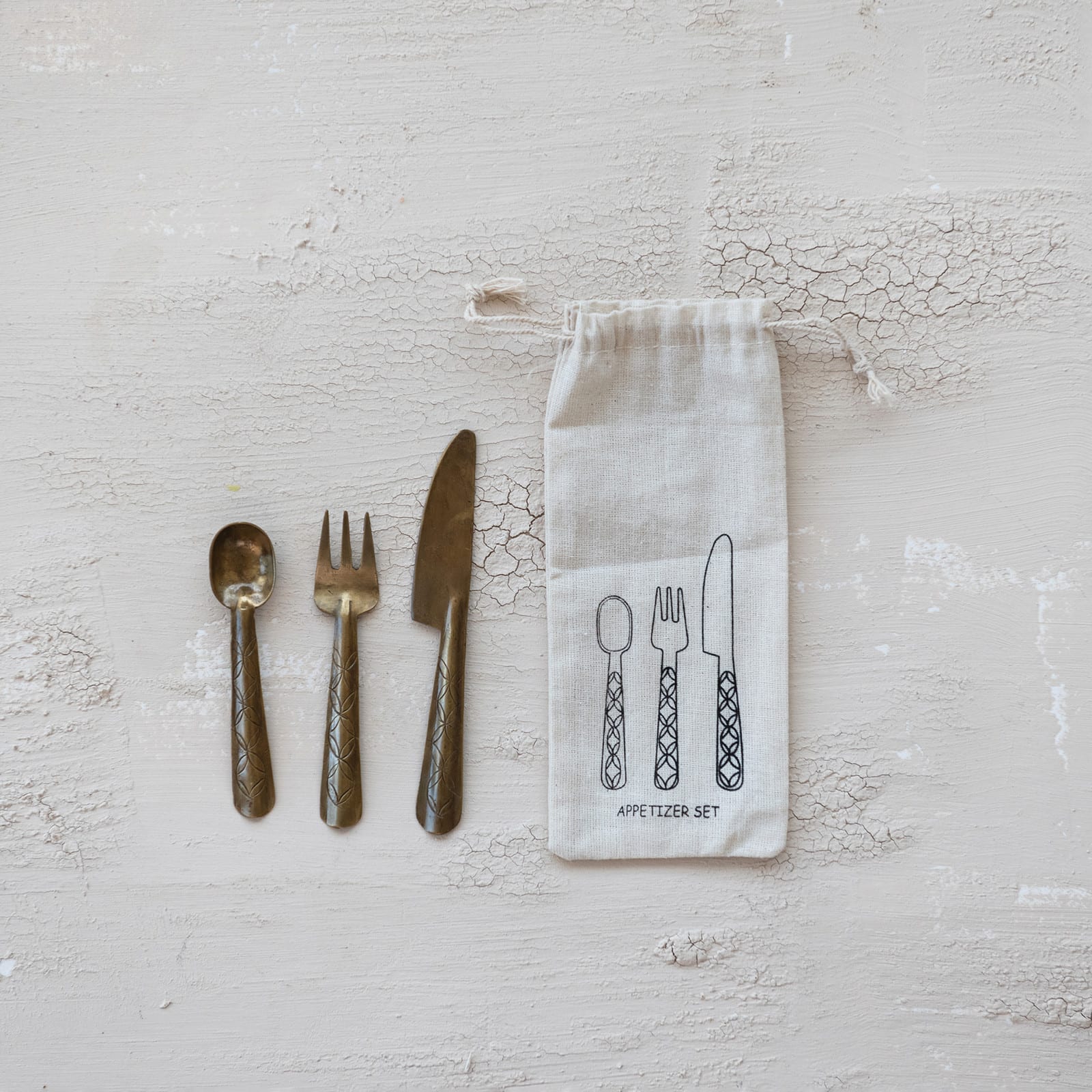 Hello Honey 3-Piece Hand-Forged Brass Appetizer Utensils with Etched Handles, Antique Finish