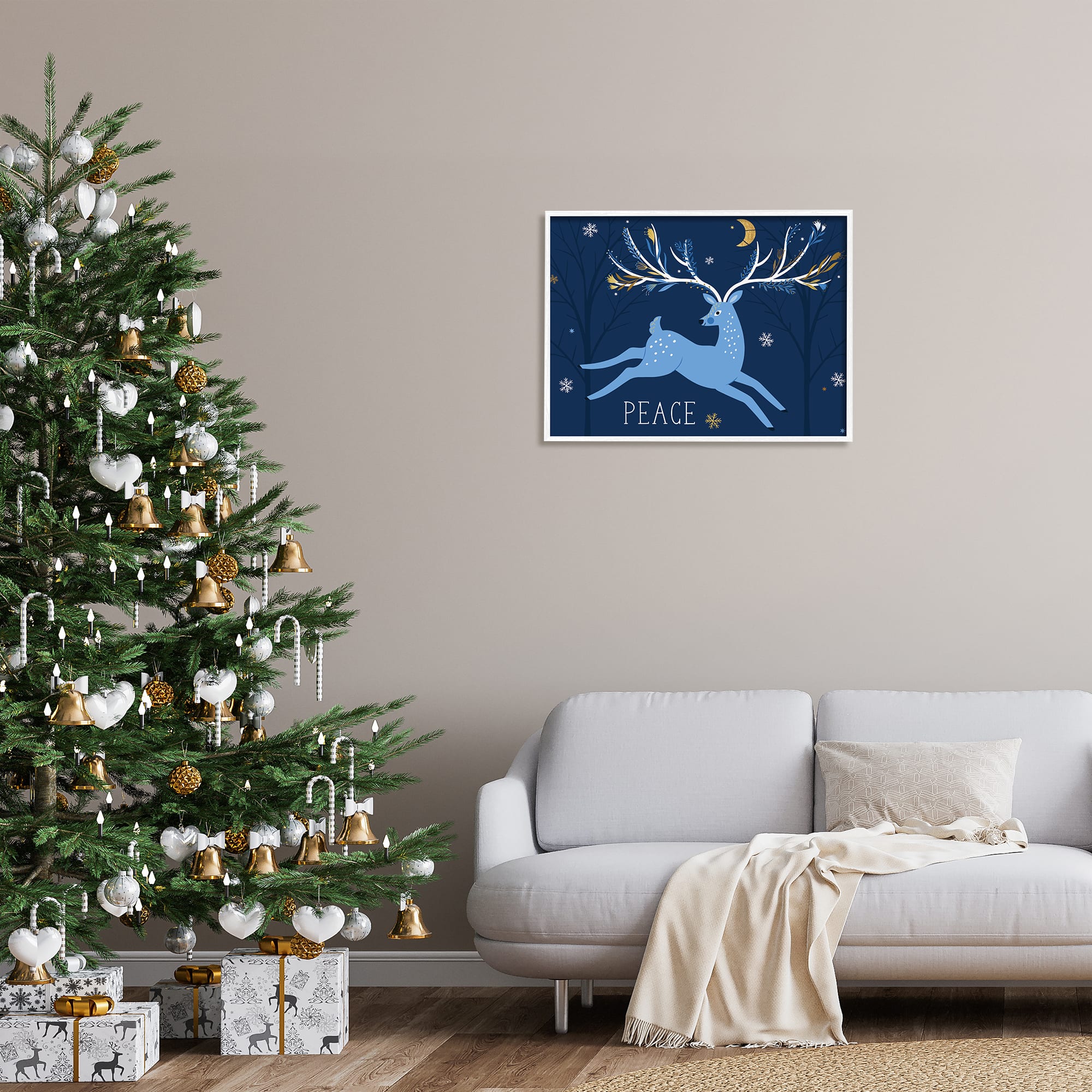 Stupell Industries Peace Jumping Deer Snowflakes Framed Giclee Art