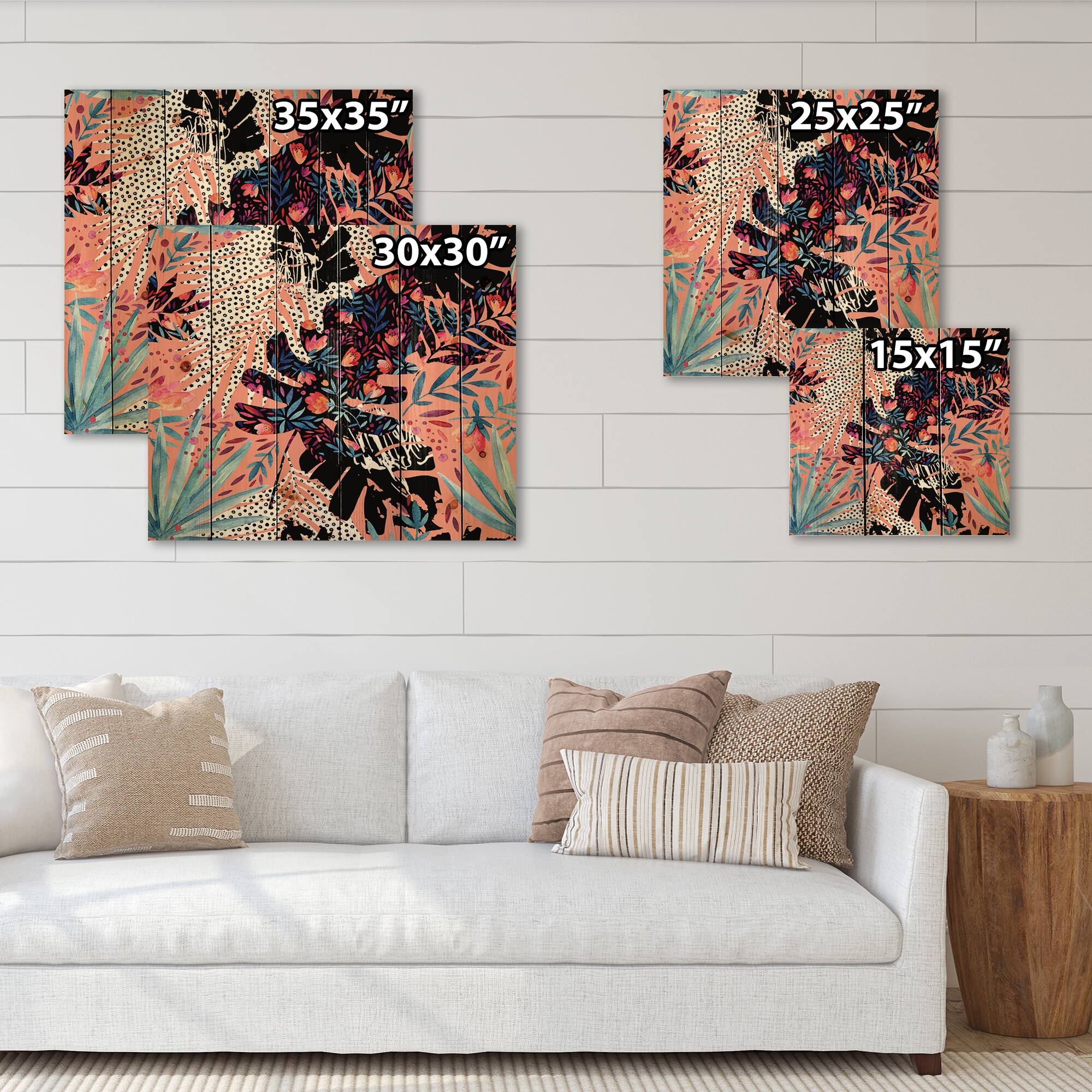 Designart - Tropical Floral Patchwork II - Tropical Print on Natural Pine Wood