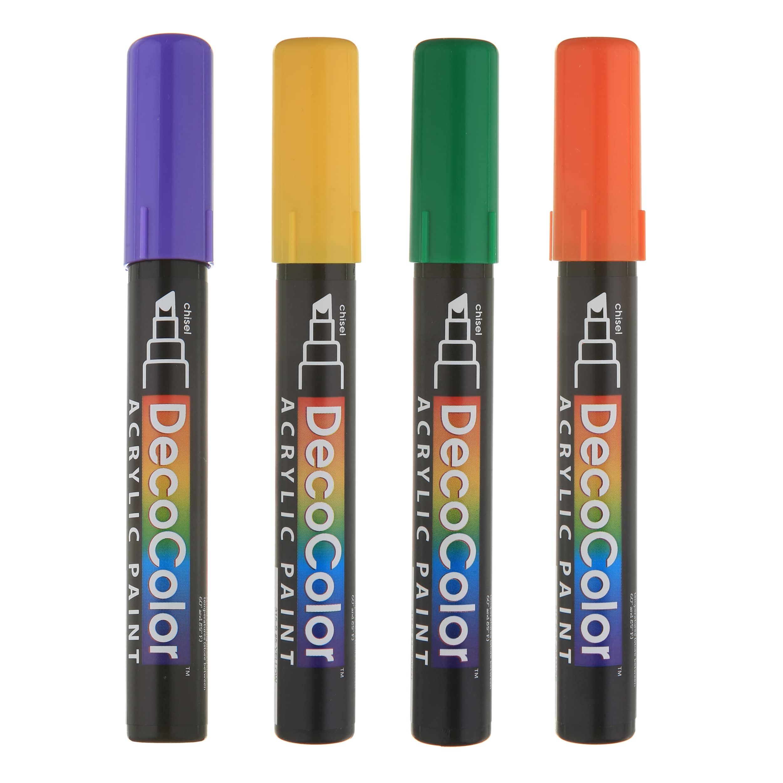 DecoColor® Violet, Yellow, Green, & Orange Chisel Tip Acrylic Paint Marker Set