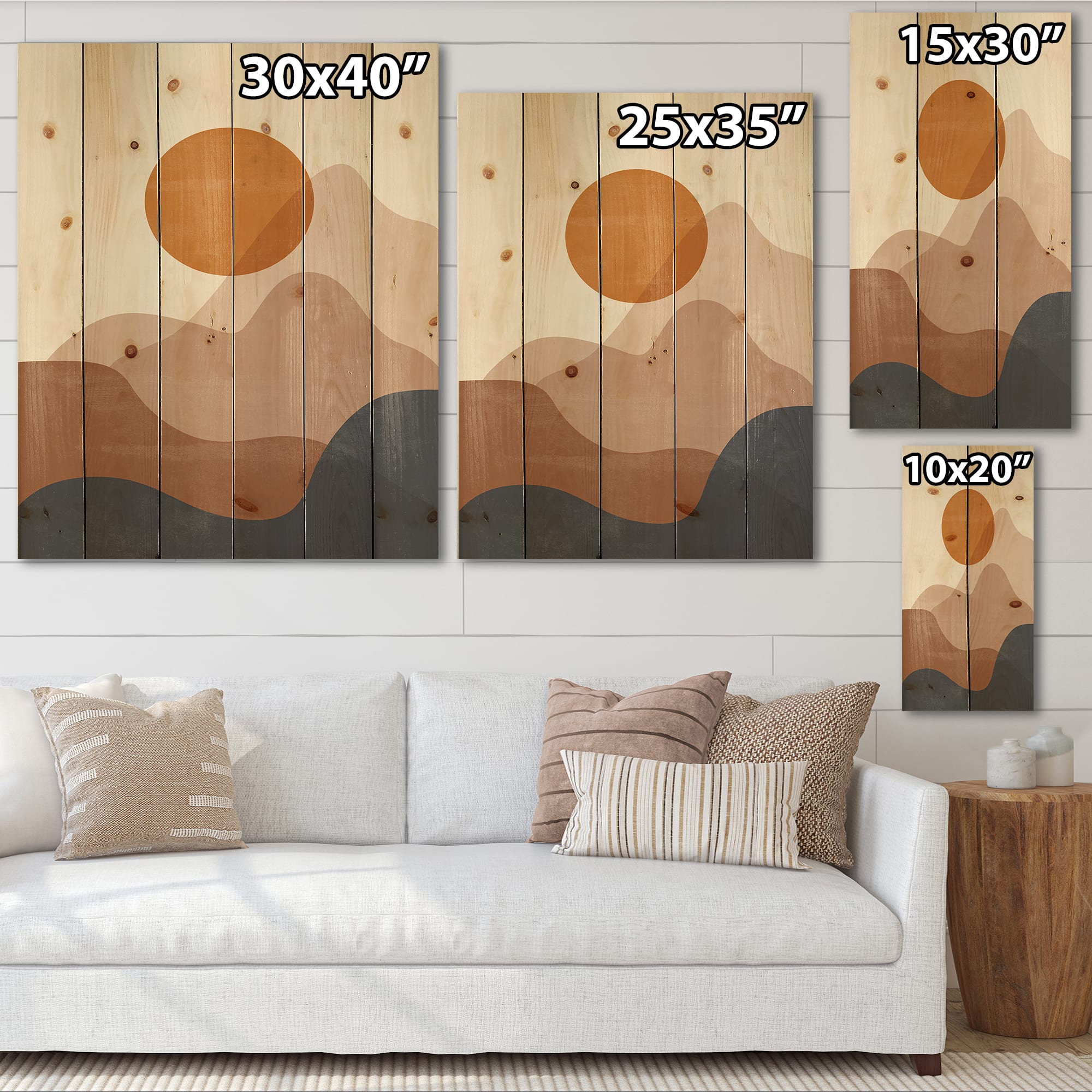 Designart - Abstract Red Moon In Earth Toned Mountains II - Modern Print on Natural Pine Wood