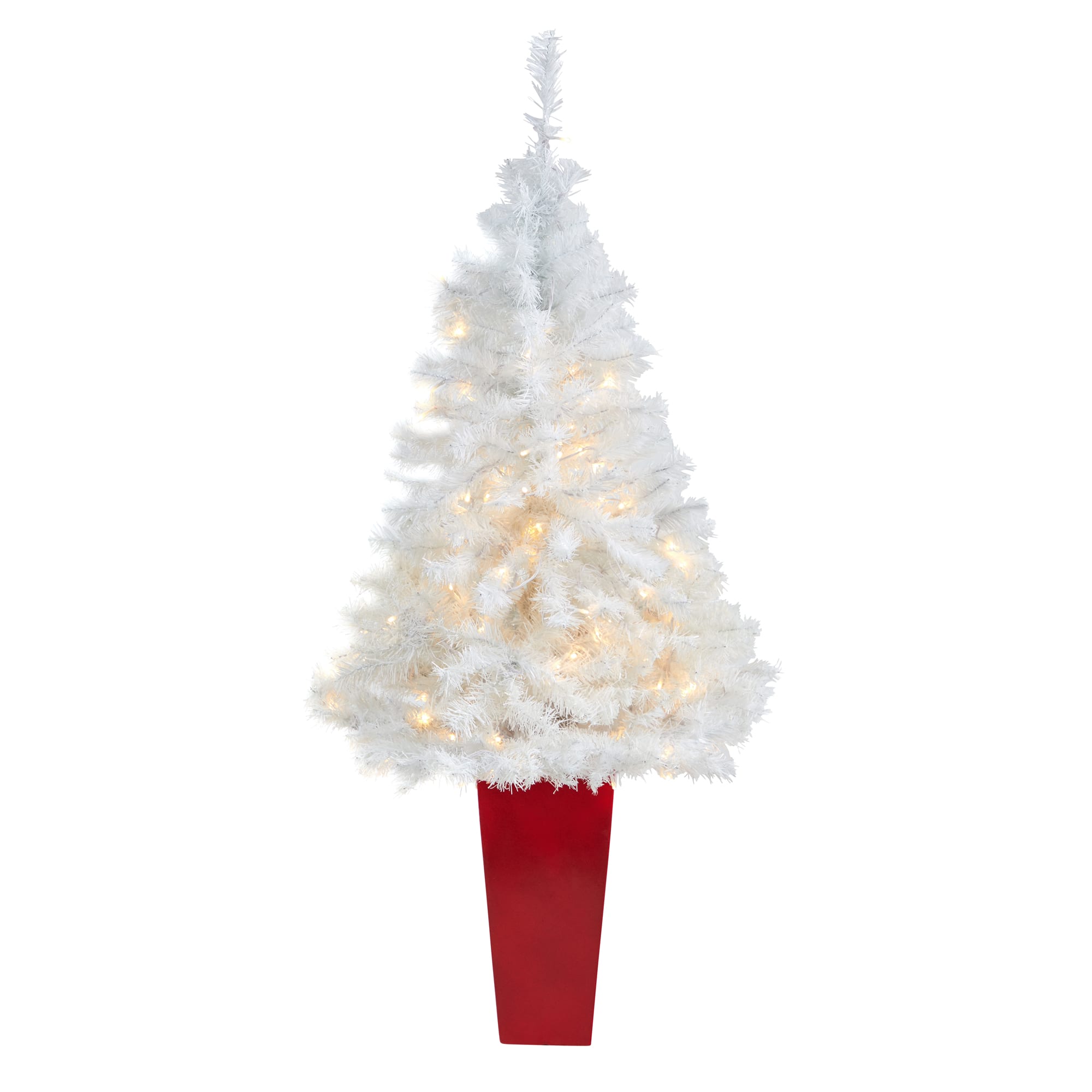 4.5ft. Pre-Lit White Artificial Christmas Tree in Red Planter, Clear LED Lights