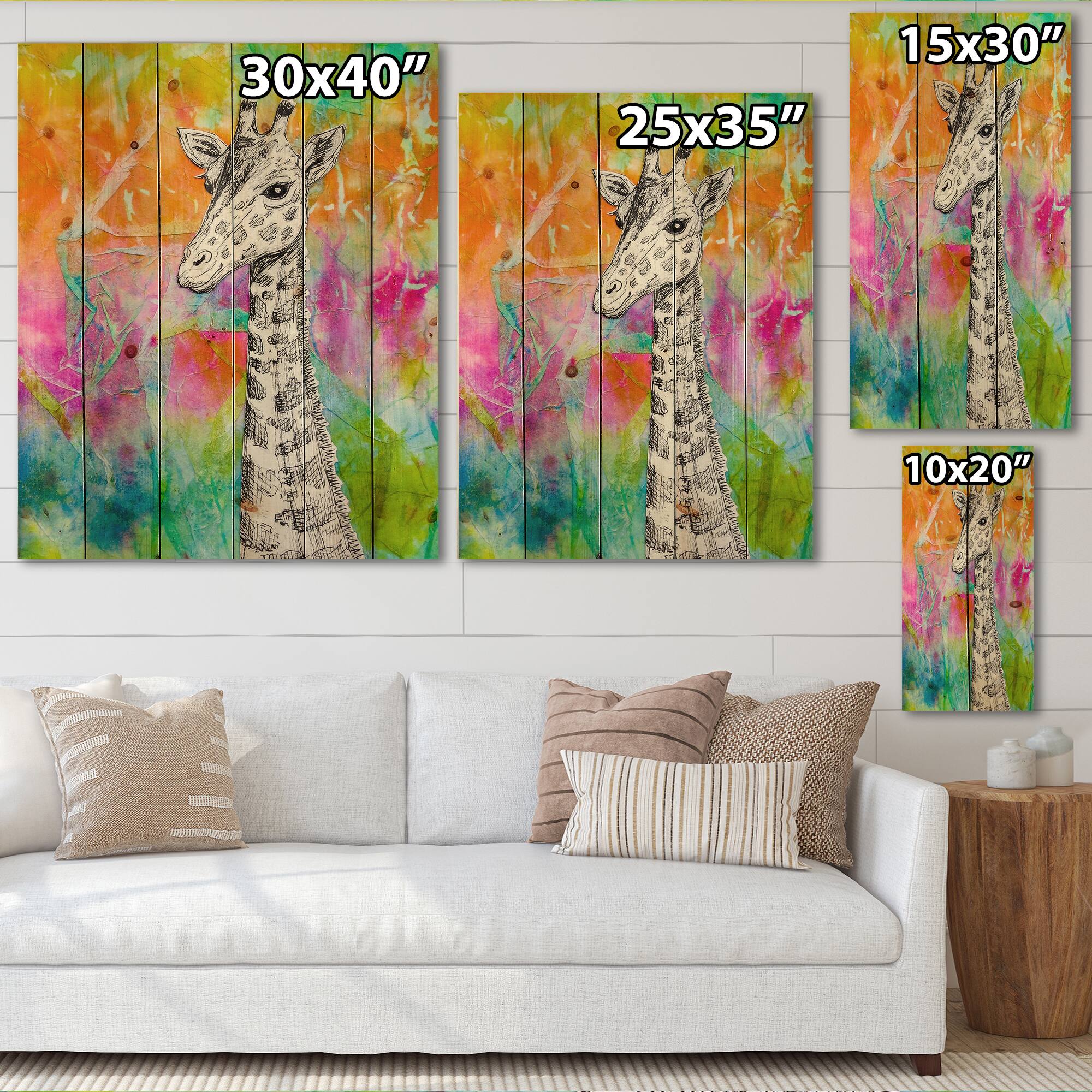 Designart - White Giraffe Drawing On Bright Rainbow - Children's Art Print on Natural Pine Wood
