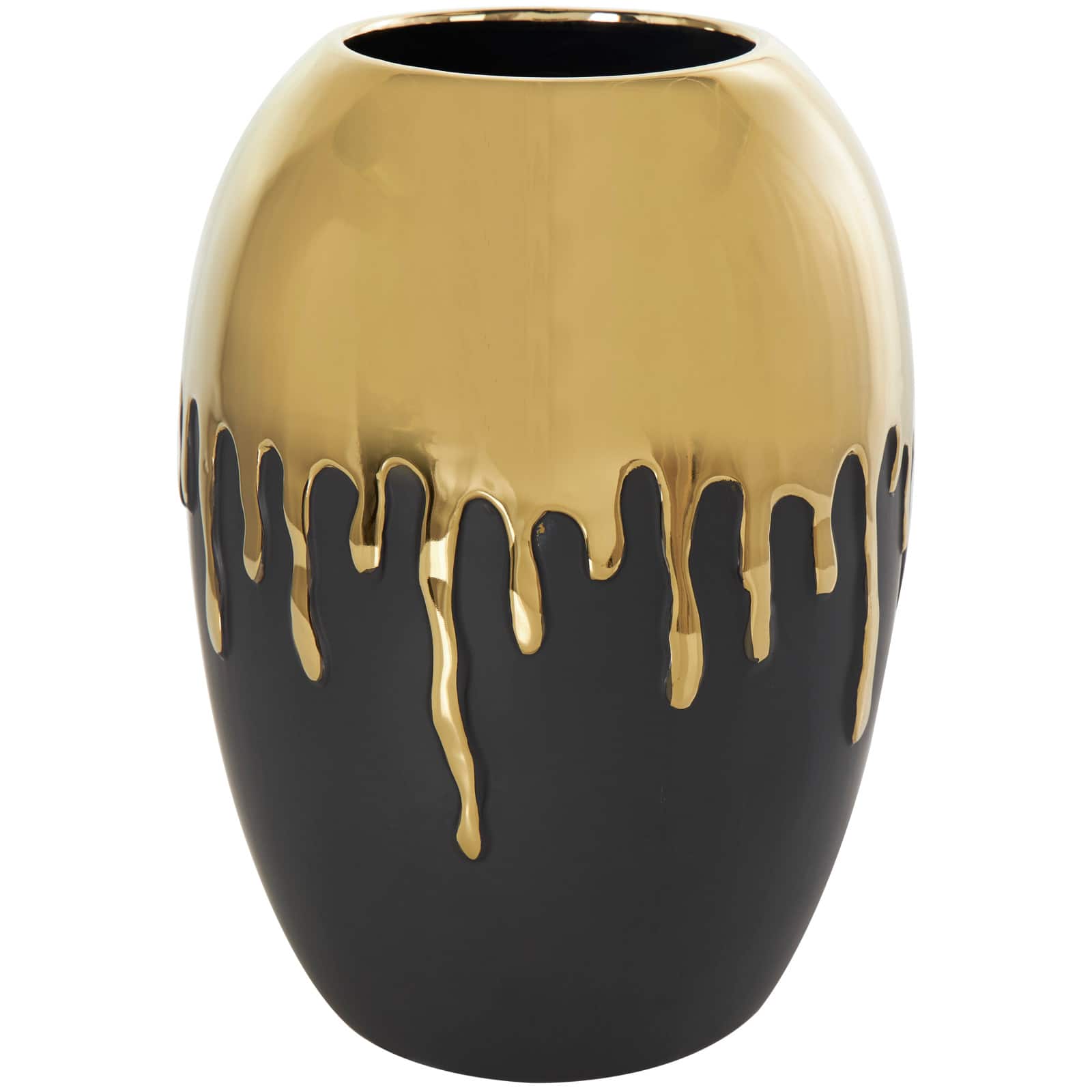 CosmoLiving by Cosmopolitan 13" Black Ceramic Vase with Abstract Gold Melting Drips