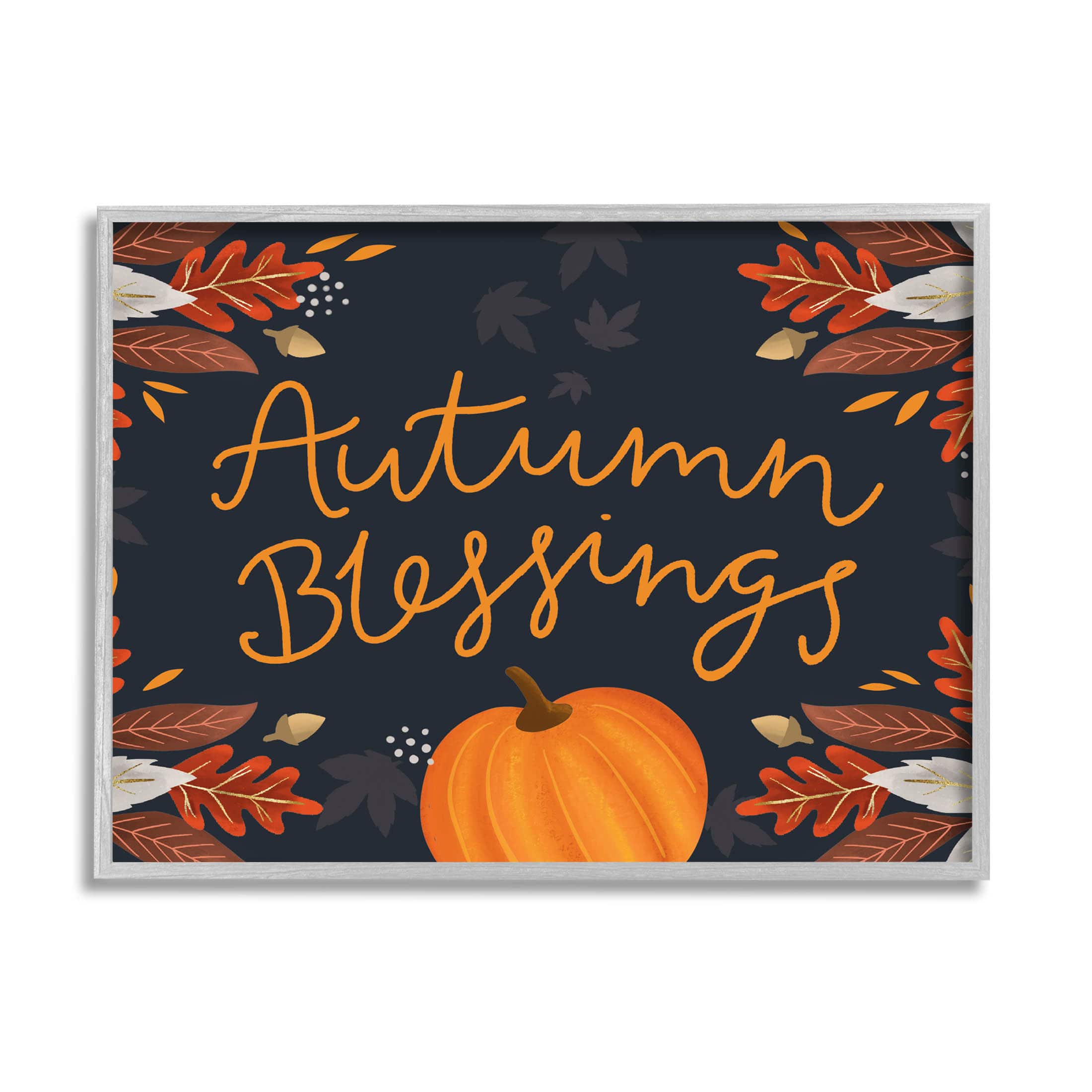 Stupell Industries Autumn Blessings Fall Leaves Pumpkin Framed Giclée Art