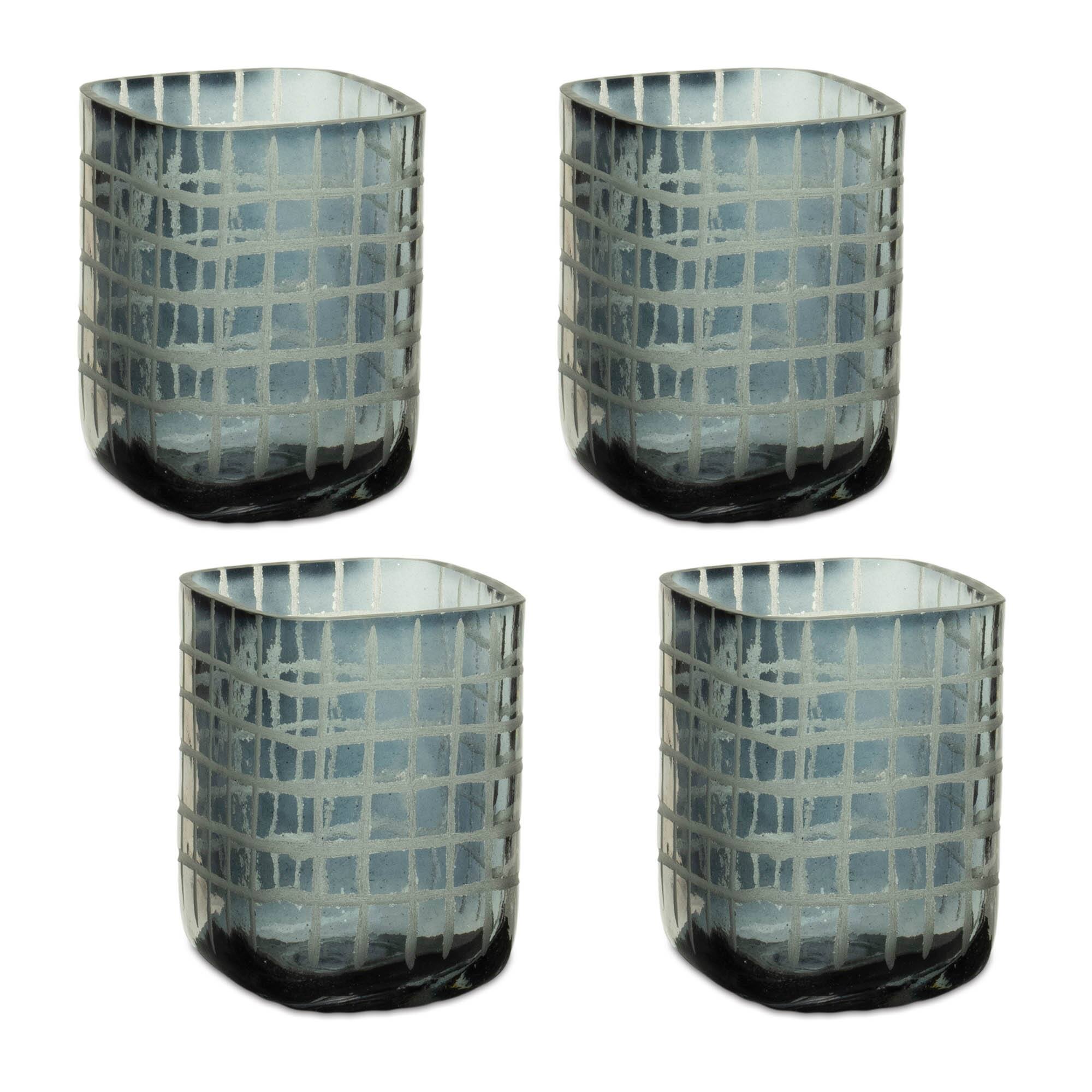 4" Navy Blue Etched Glass & Metal Candle Holders, 4ct.