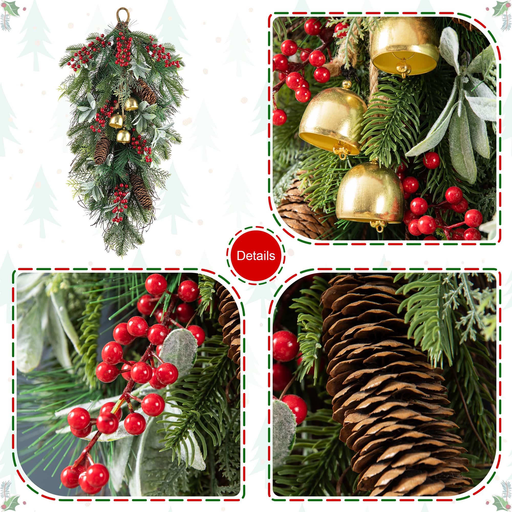 Glitzhome® 26" Christmas Berry, Pinecone and Bell Teardrop, Set of 2