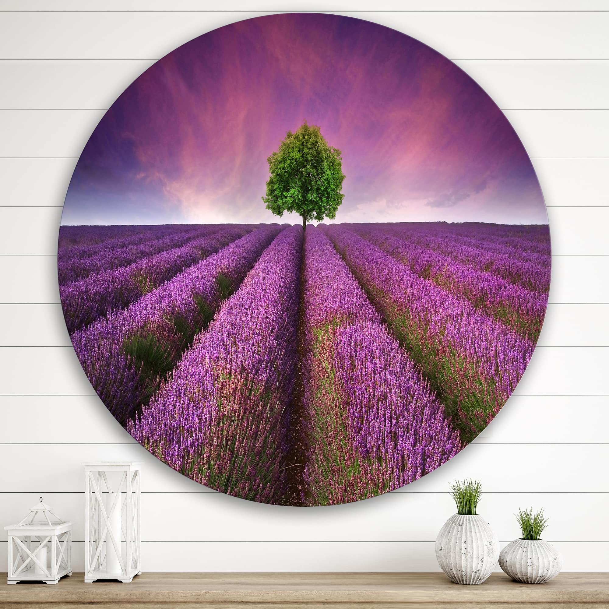 Designart - Stunning Lavender Field Summer Sunset With Tree