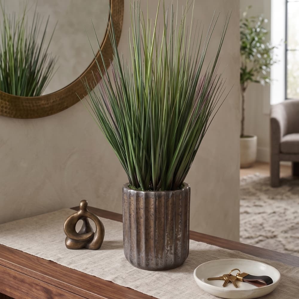 House of Silk Flowers 30" Faux Ornamental Onion Grass in Glazed Black Fluted Cylindrical Ceramic Pot