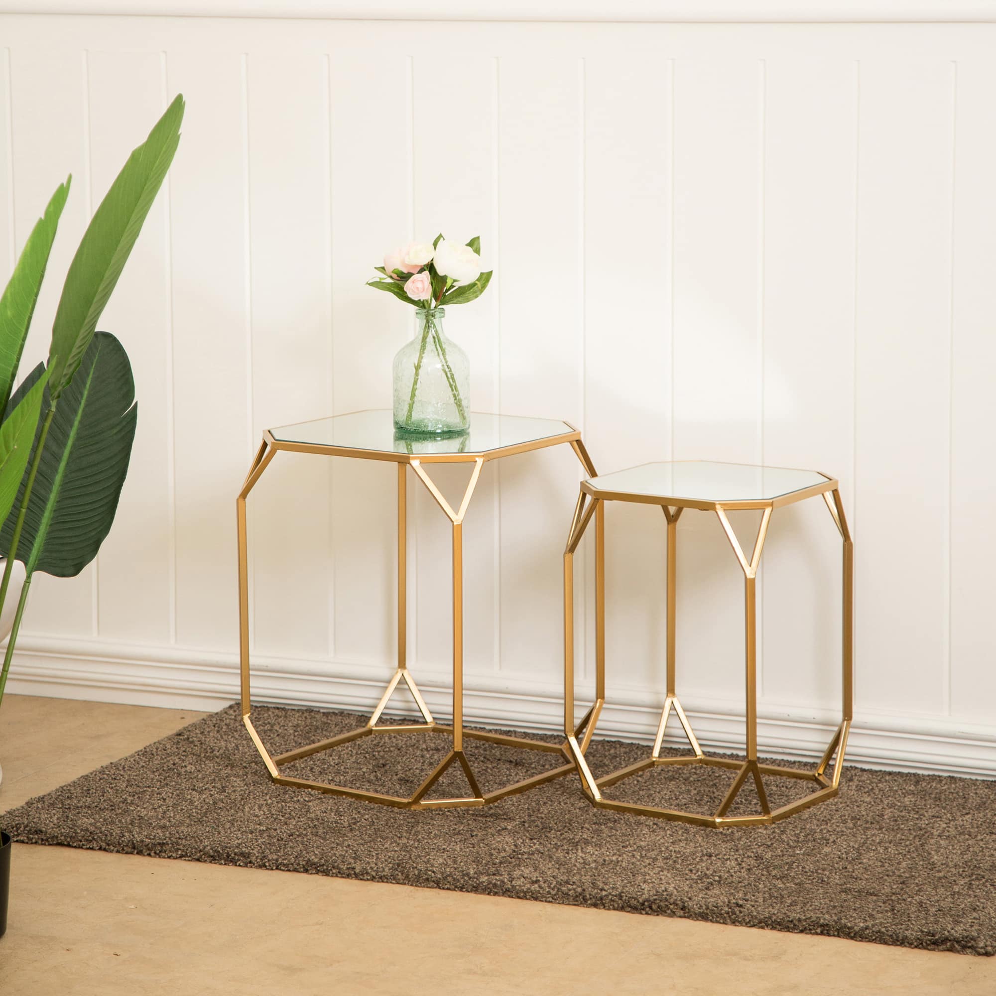 Glitzhome® Gold Metal Square Accent Table with Glass Top Set