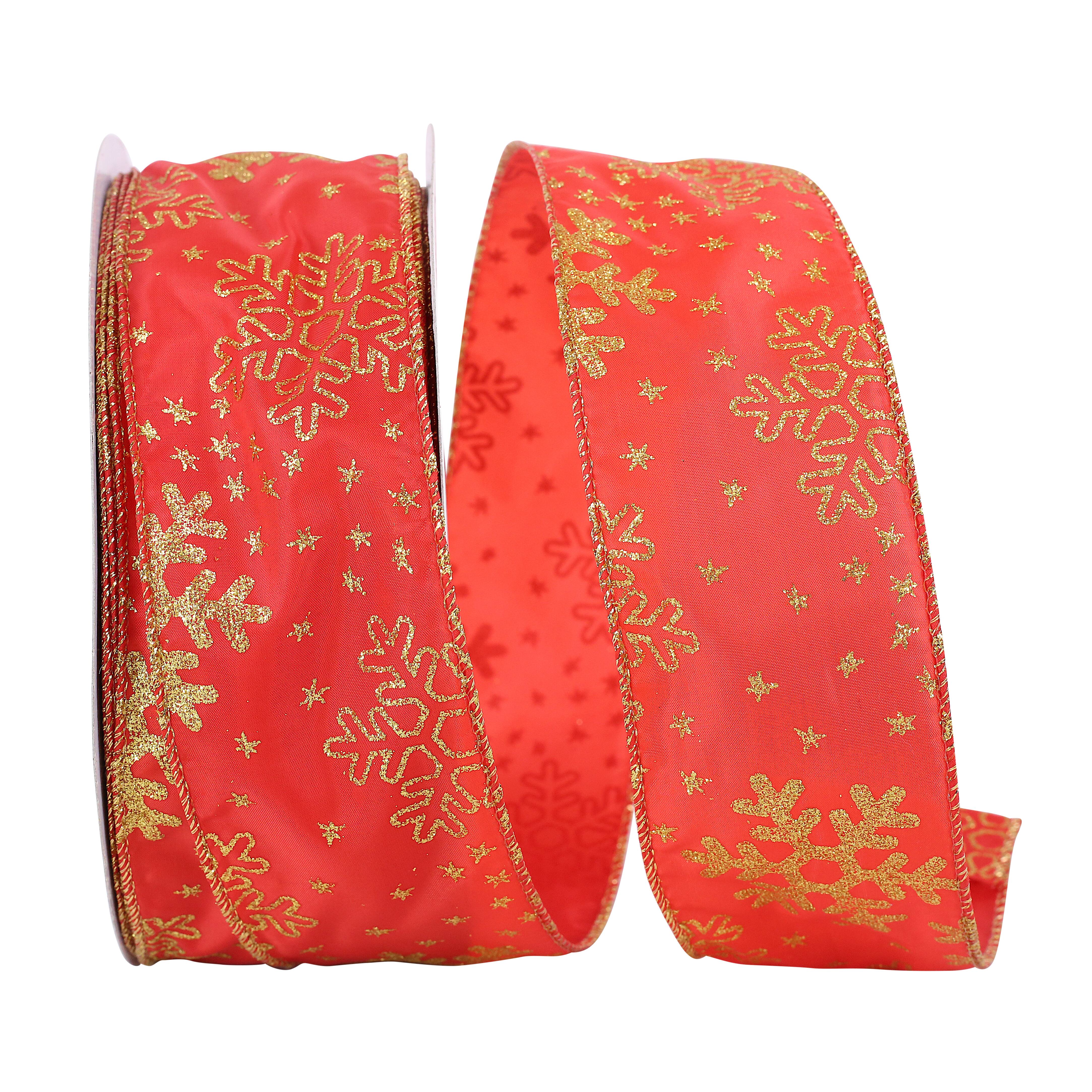 Reliant 2.5" x 50yd. Red Glitter Snowflakes Satin Value Wired Ribbon
