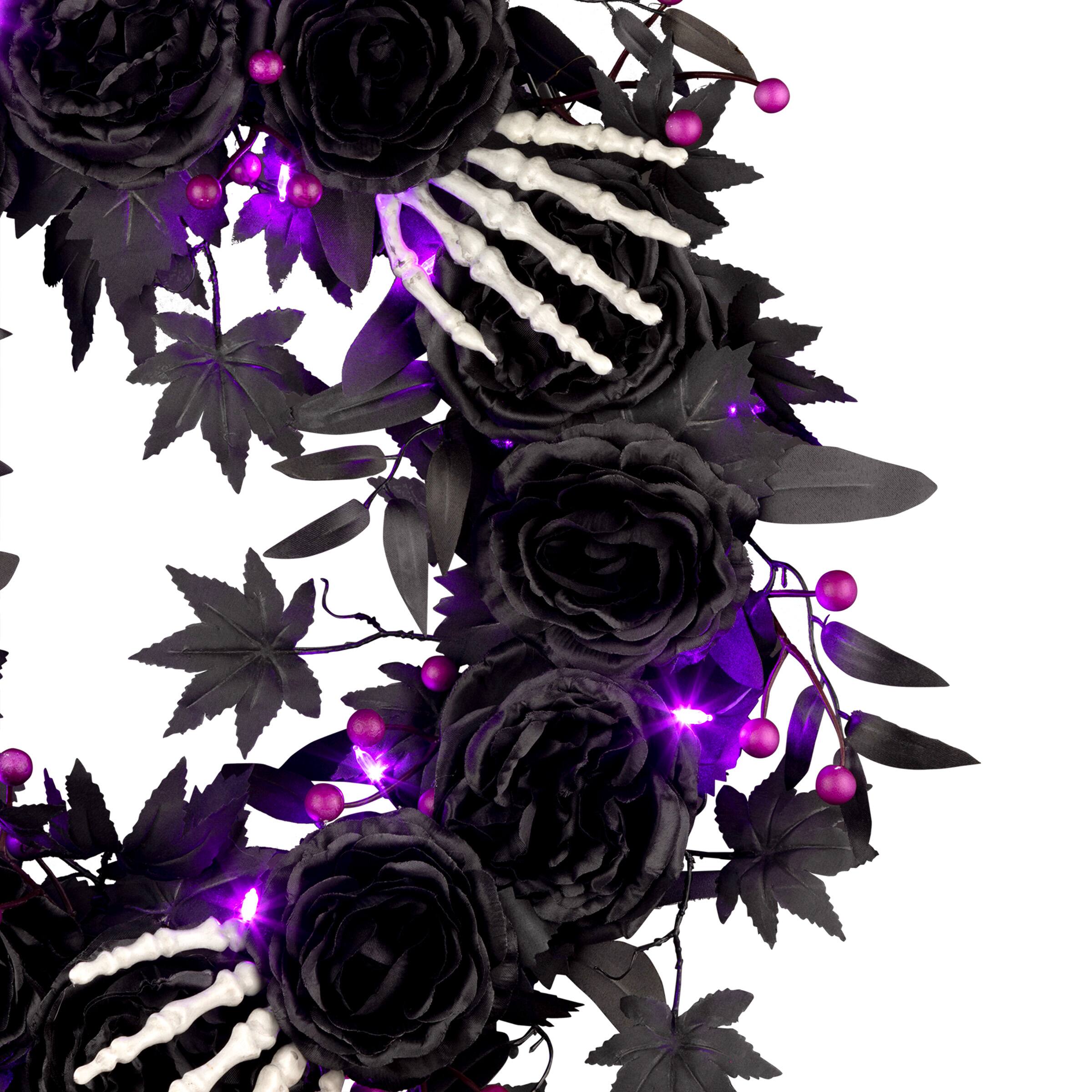 24" Bad to the Bone Black Flower & Skeleton Hand Halloween Pre-Lit LED Wreath