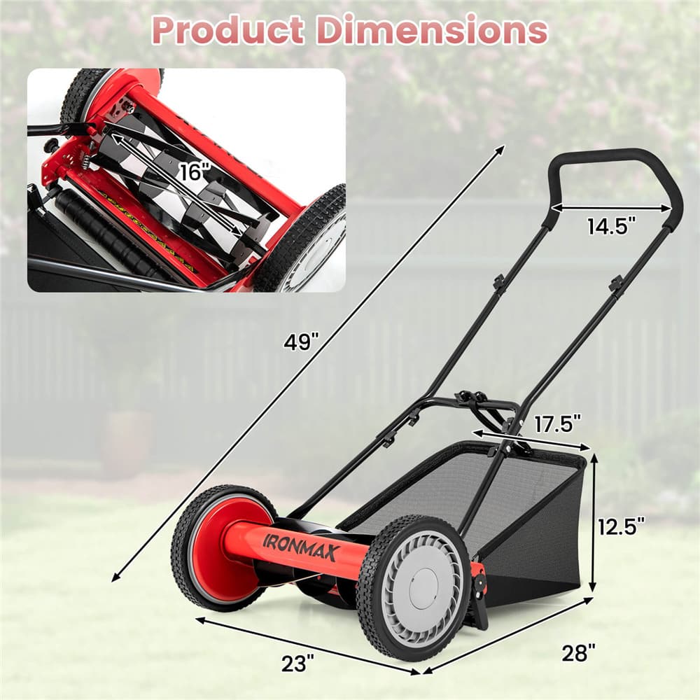 Costway Ironmax Red & Black Push Lawn Mower with 5-Blade Removable Grass Catcher