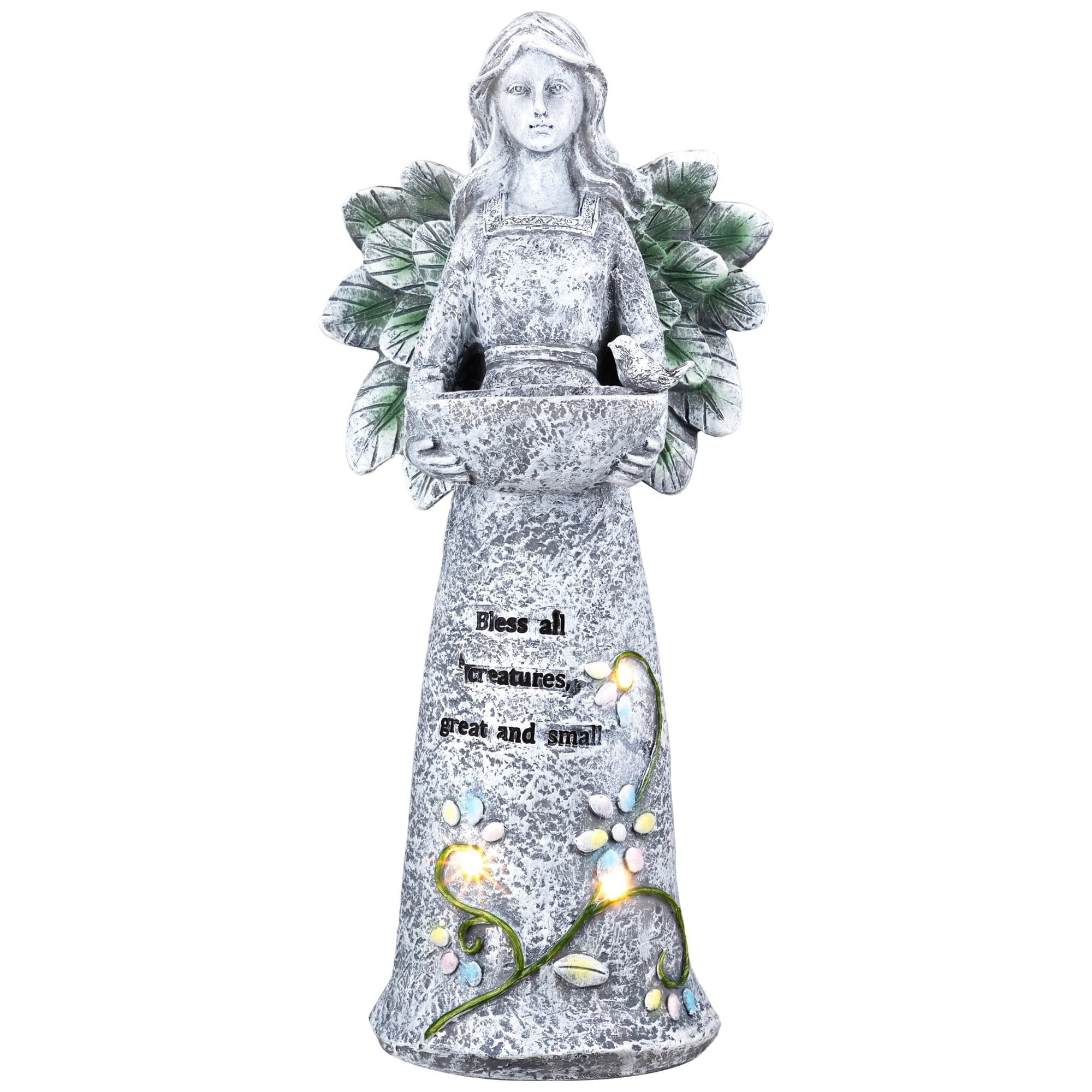 LED Solar Lighted Bless All Creatures Outdoor Garden Birdbath - 16"
