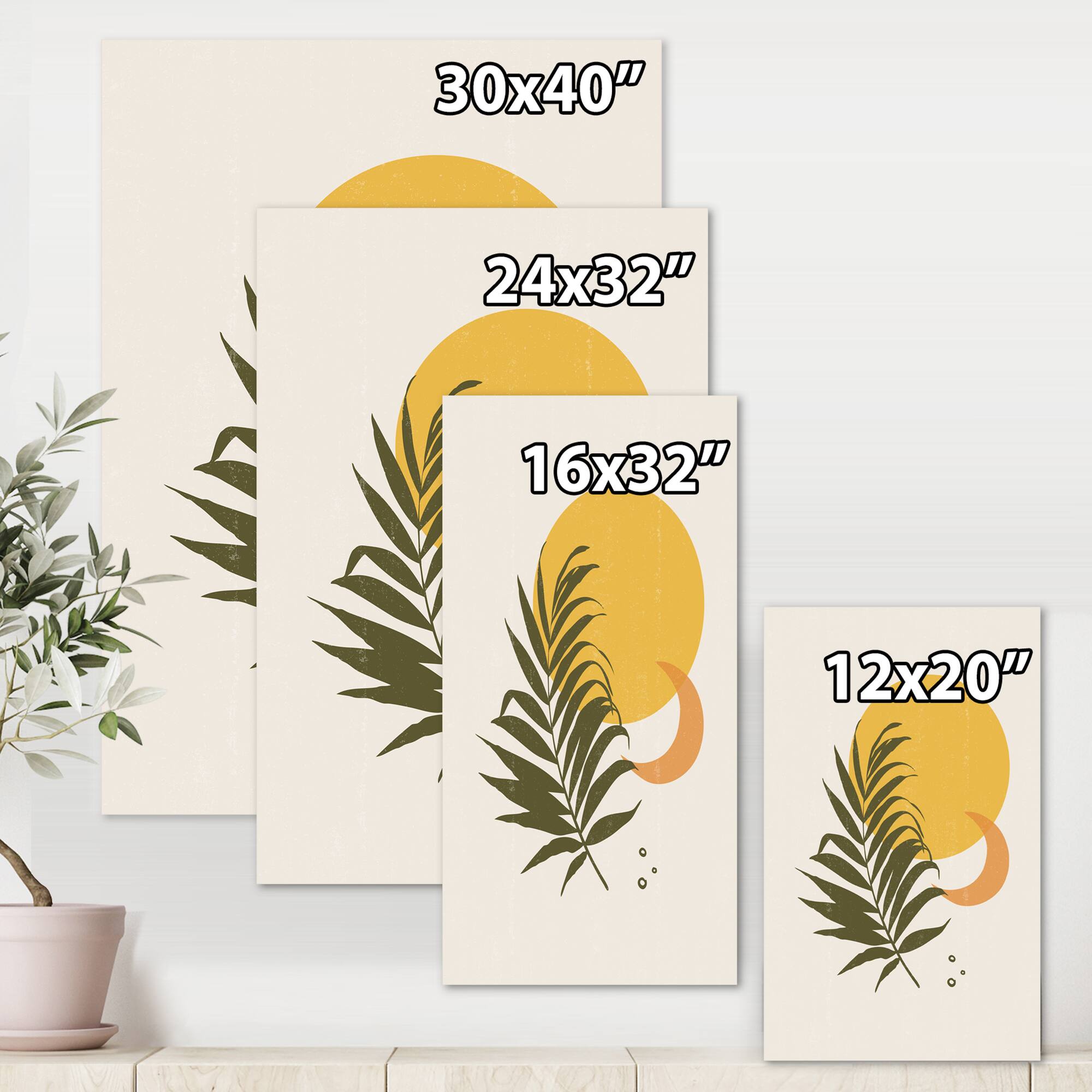 Designart - Abstract Yellow Sun and Moon With Tropical Leaf I - Modern Canvas Wall Art Print