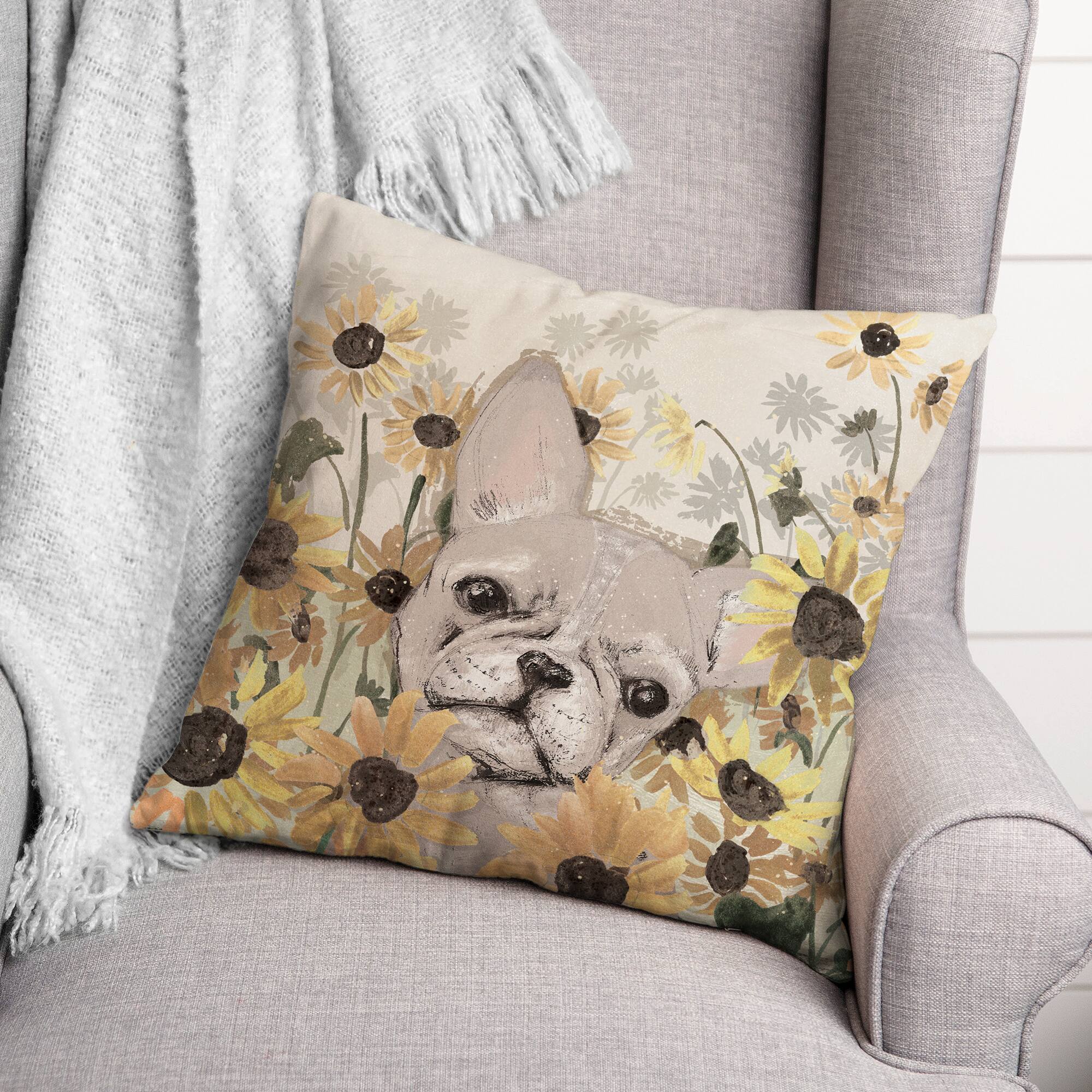 18" x 18" Frenchie Sunflower Field Indoor/Outdoor Throw Pillow