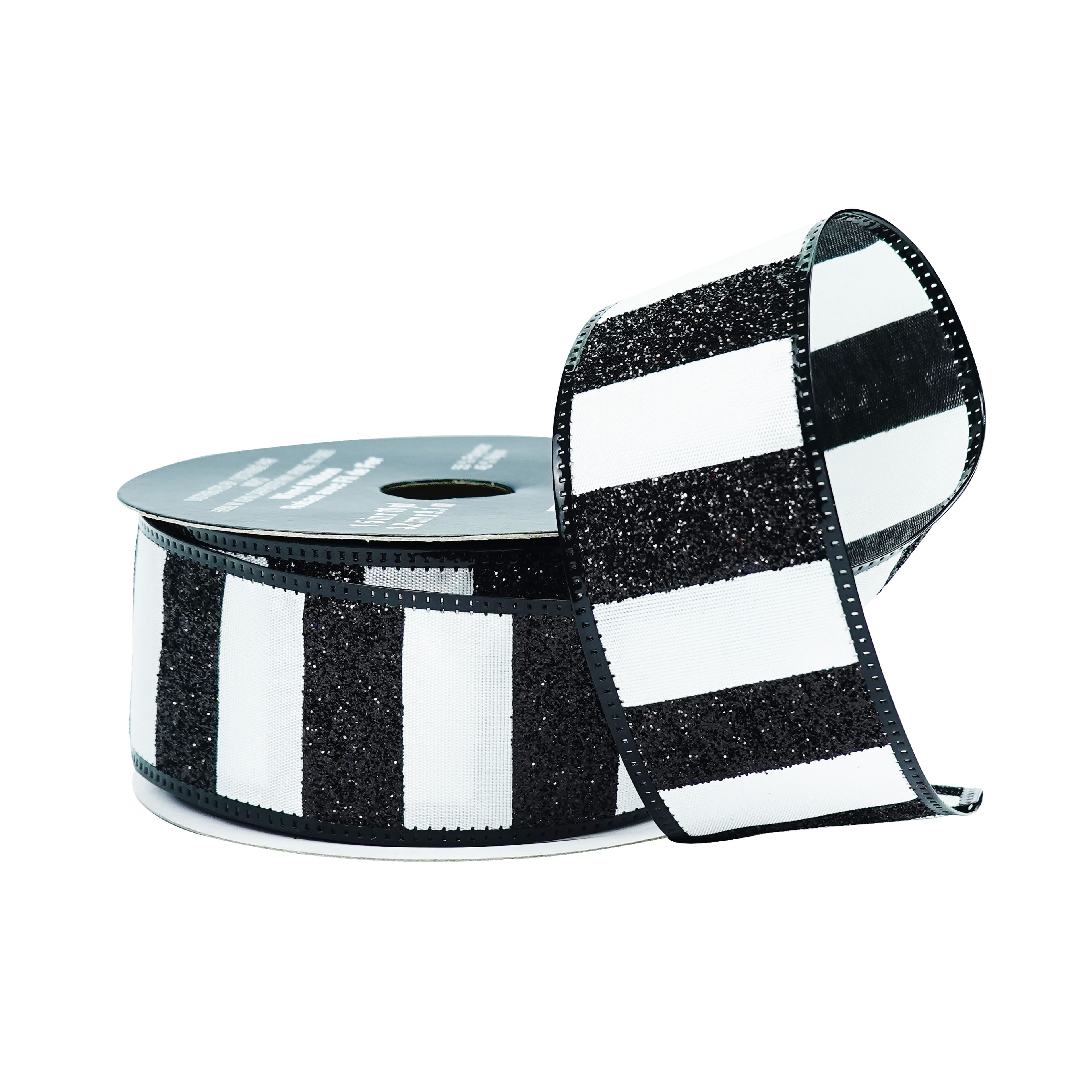 1.5" x 10yd. White & Black Glitter Stripes Wired Taffeta Ribbon by Celebrate It®