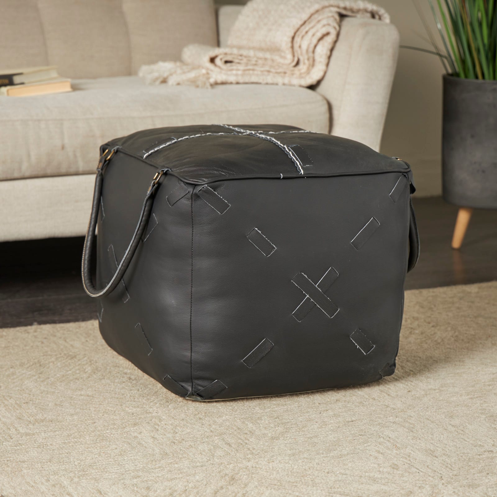 22" Leather Pouf with Woven Straps & Handles
