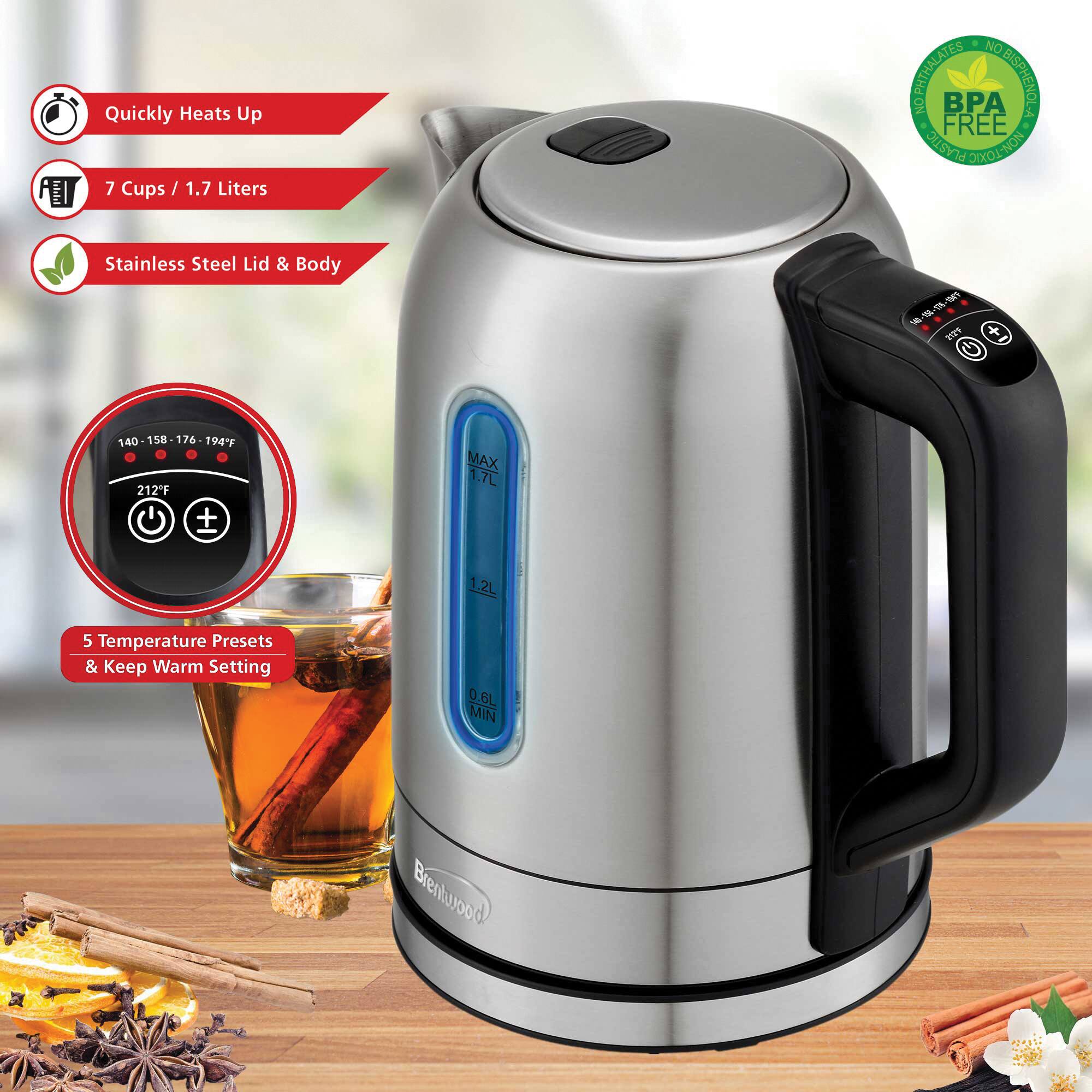 Brentwood 1.79qt. 1,500 Watt Cordless Digital Stainless Steel Kettle With 5 Temperature Presets & Swivel Base