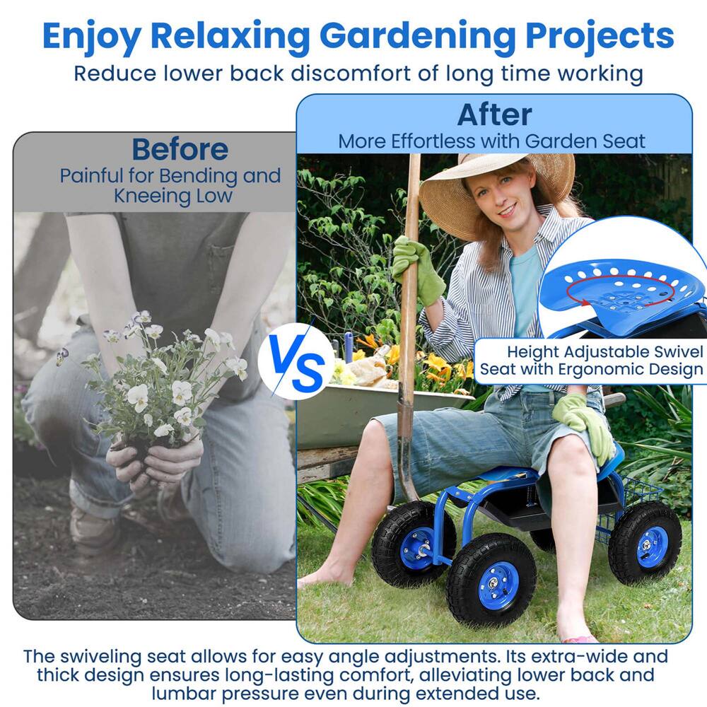 Costway Blue & Black Heavy Duty Garden Cart Rolling Work Seat Garden Planting with Tool Tray