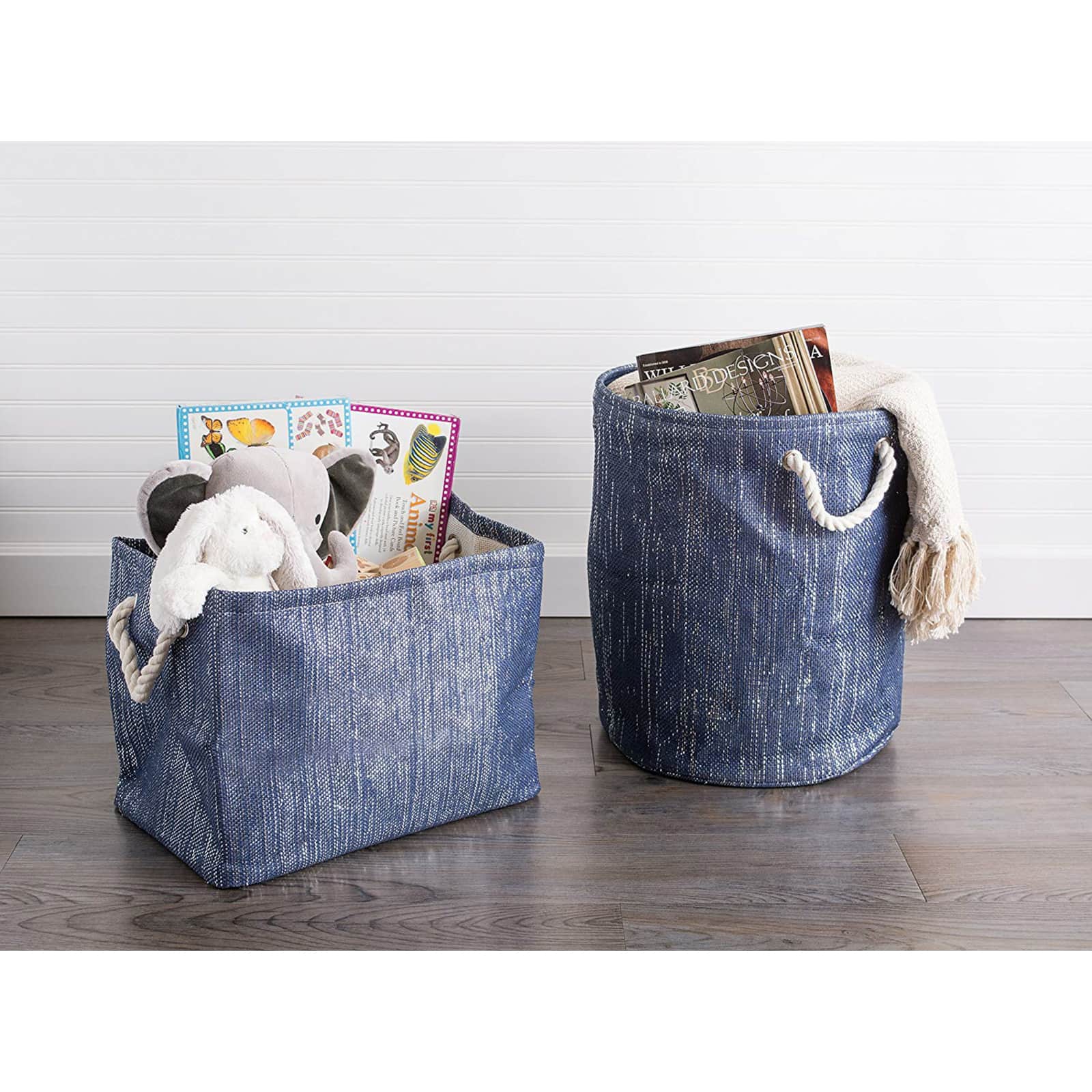 DII® 12" Lurex Nautical Blue & Silver Round Paper Bin