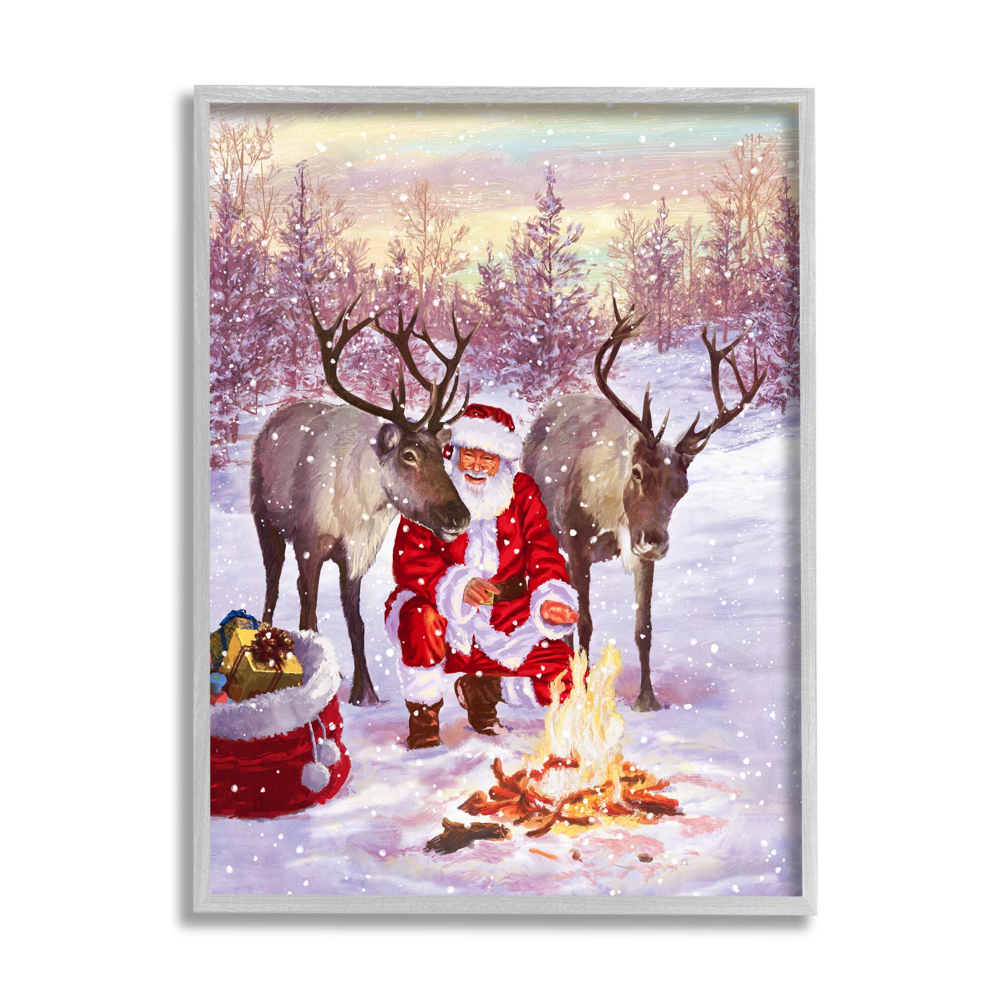 Stupell Industries Santa & Reindeer Bonfire Scene Framed Giclee Art