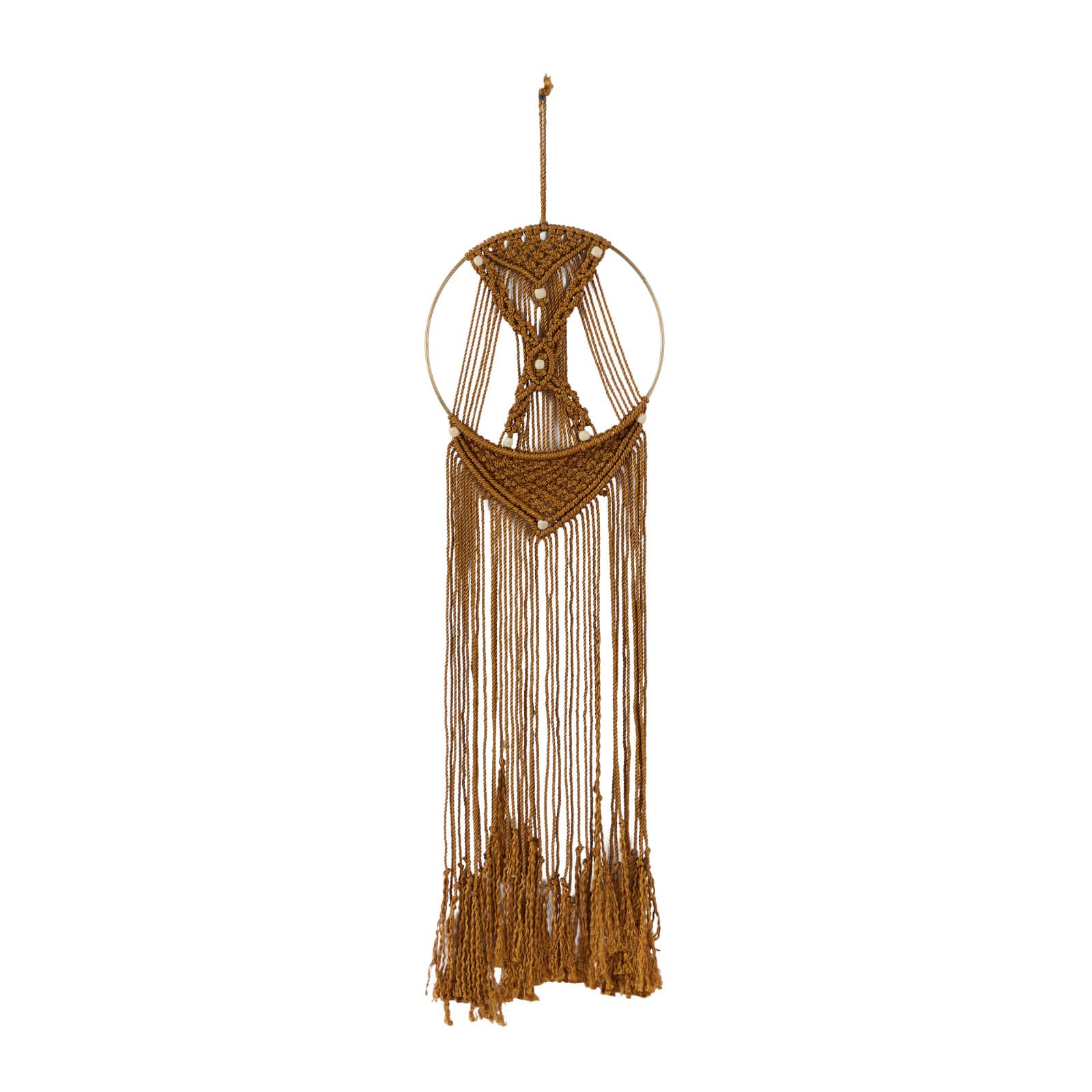 Brown Fabric Handmade Intricately Weaved Macrame Wall Decor with Beaded Fringe Tassels 10" x 0" x 39"