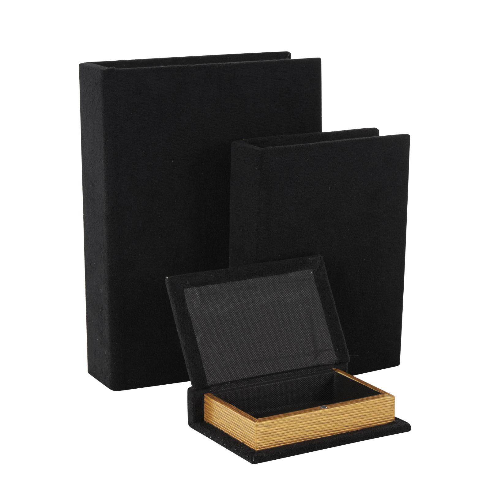Black Velvet Textured Decorative Book Box with Gold Page Detailing, 3ct.