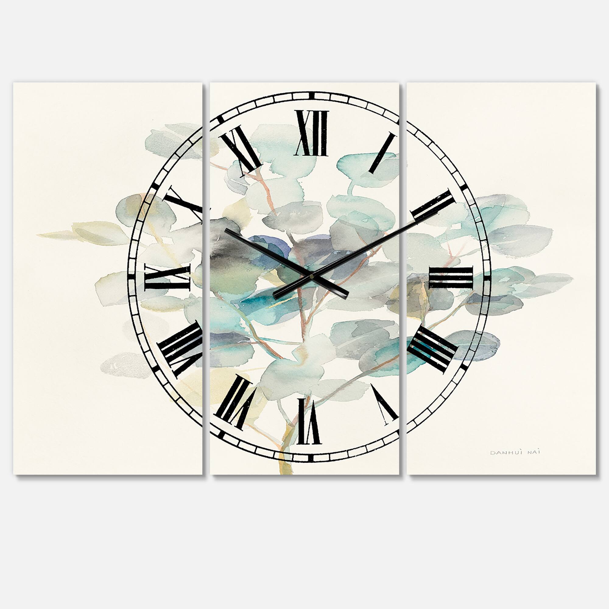 Designart Eucalyptus Leaves Traditional 3 Panel Wall Clock