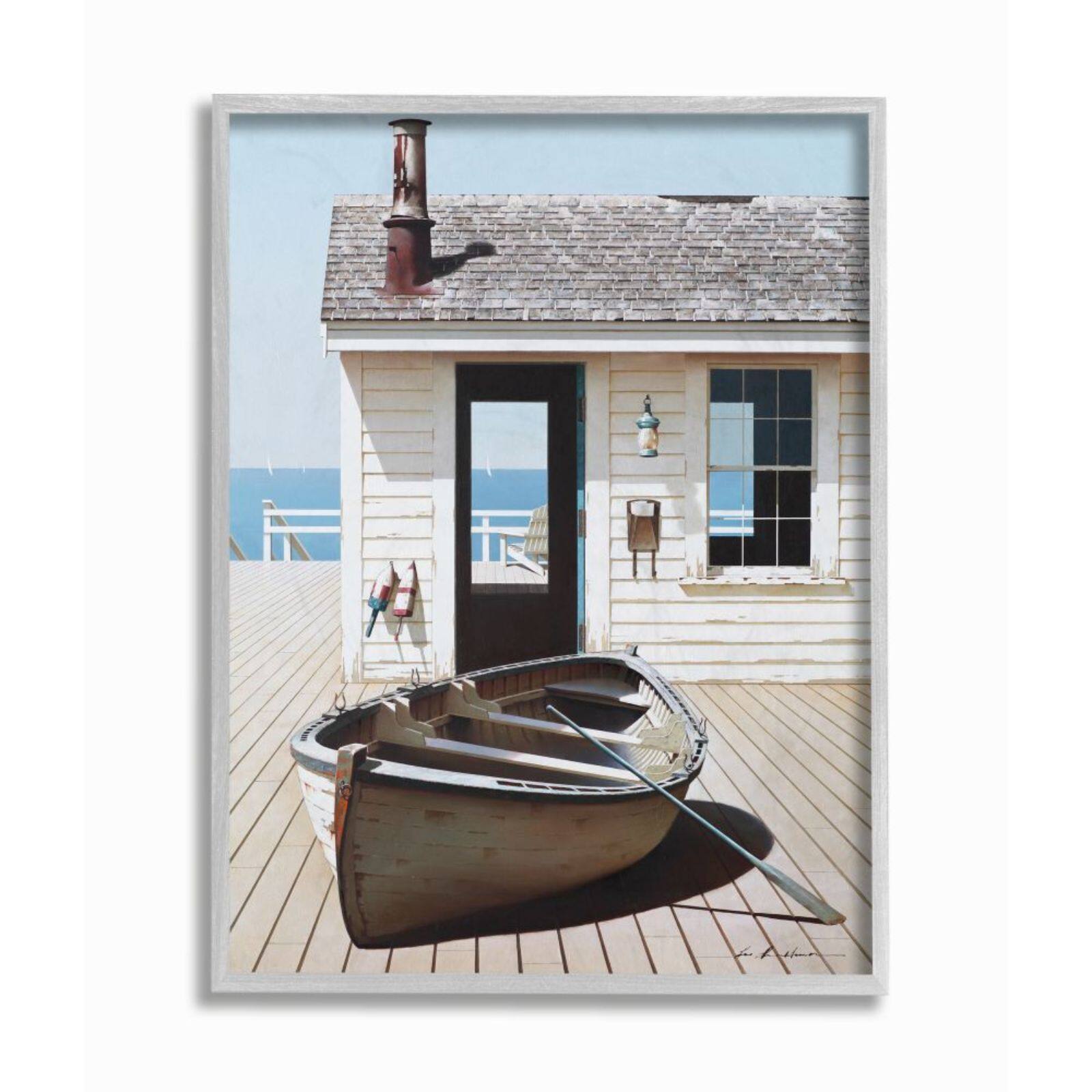 Stupell Industries Boat On Boardwalk Tranquil Coastal Boathouse Gray Framed Wall Art