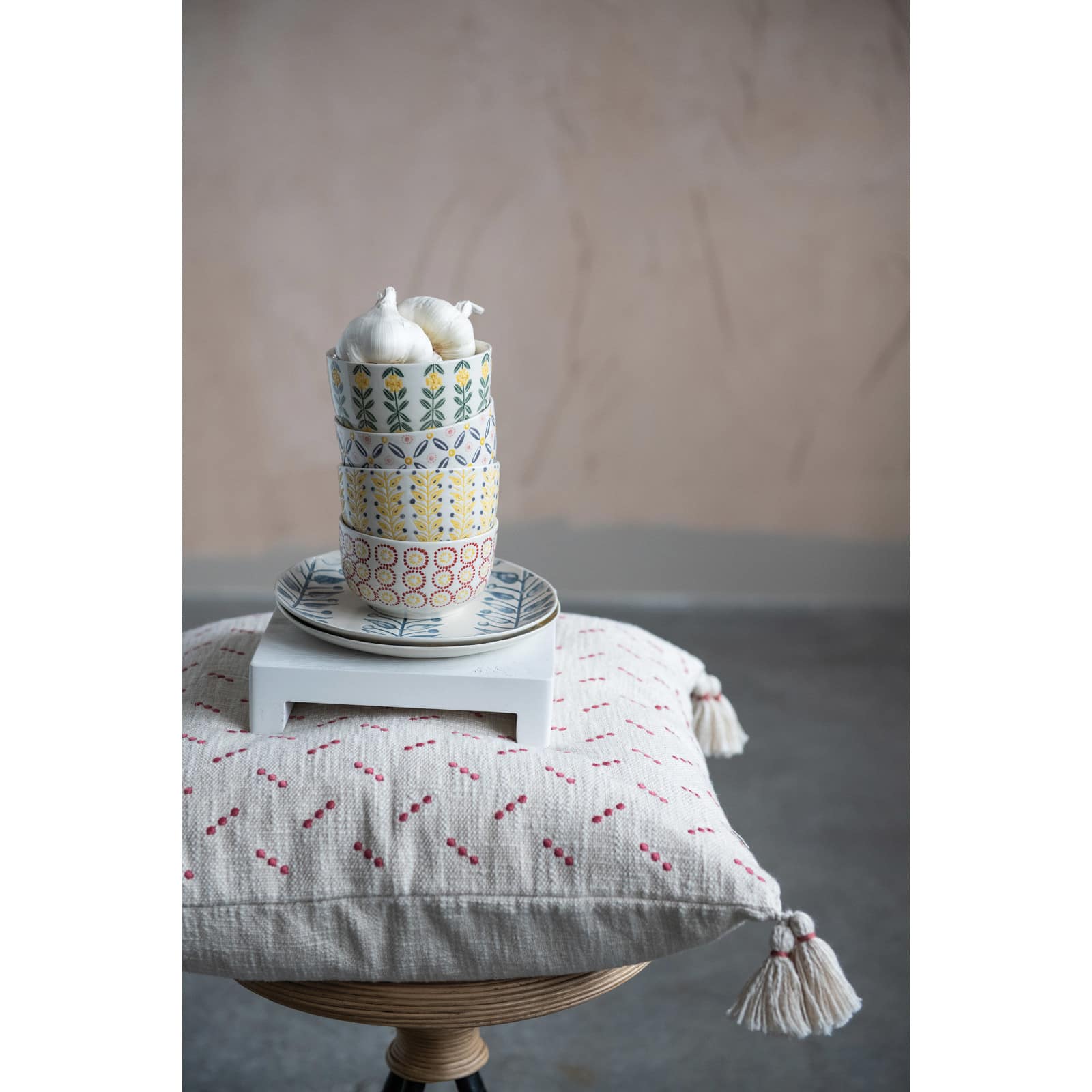 Hello Honey® 20" Embroidered Dots & Tassels Cotton Slub Square Pillow