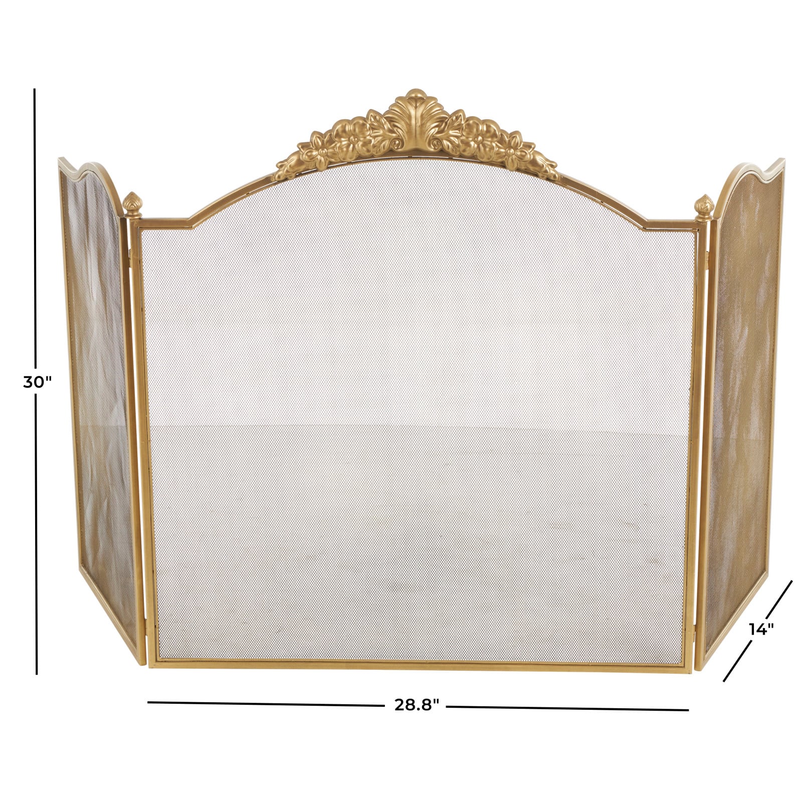 29" x 14" x 30" Gold Metal Floral Ornate Antique Arched 3 Panel Living Room Fireplace Screen with Finial Accents