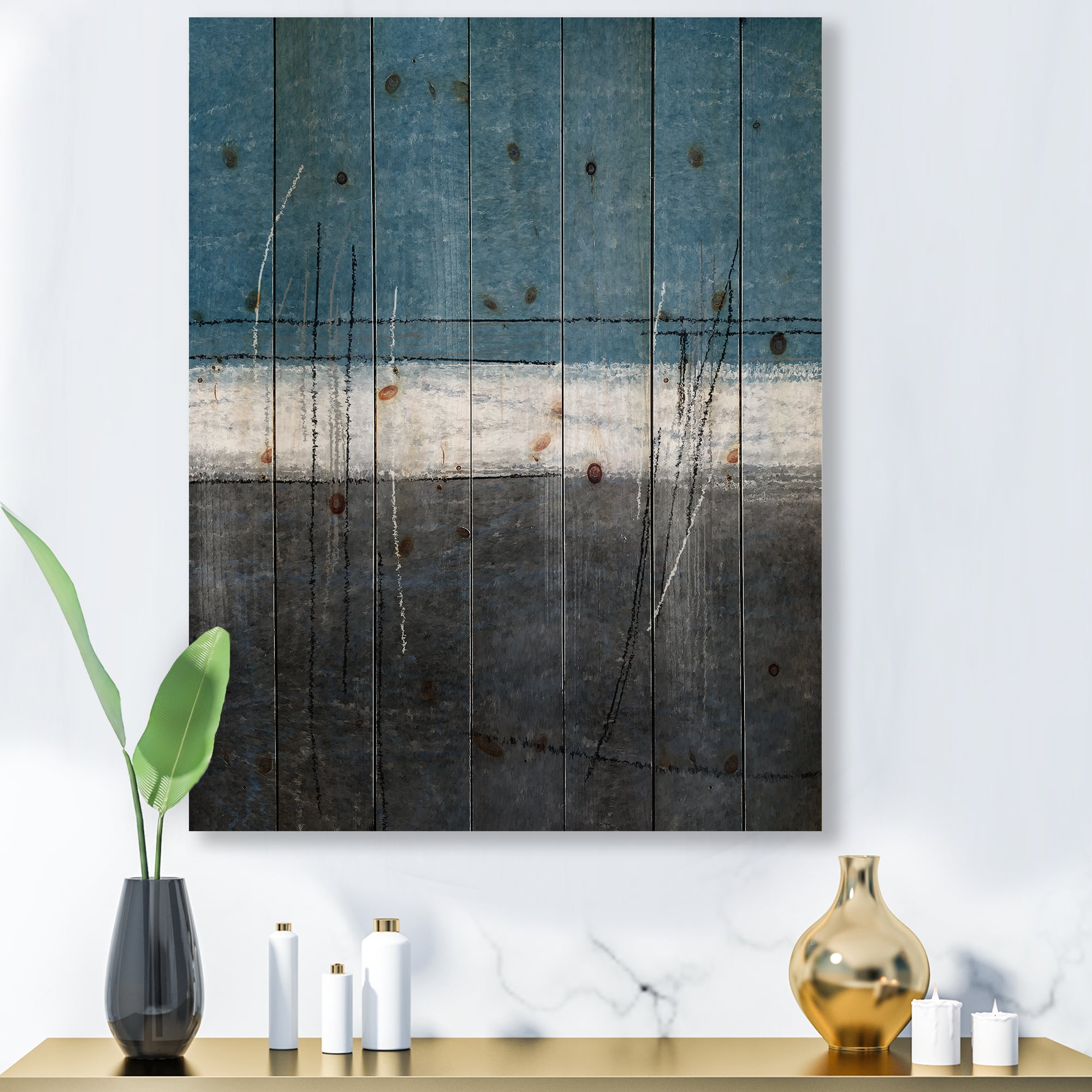 Designart - Teal Meets Grey Abstract Art - Modern Print on Natural Pine Wood