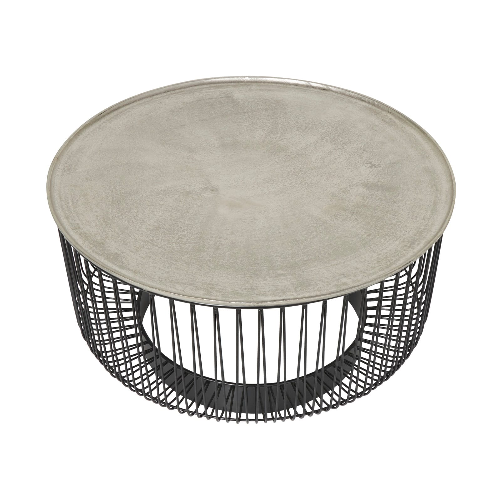 30" Black Metal Open Frame Wire Geometric Coffee Table with Silver Aluminum Top
