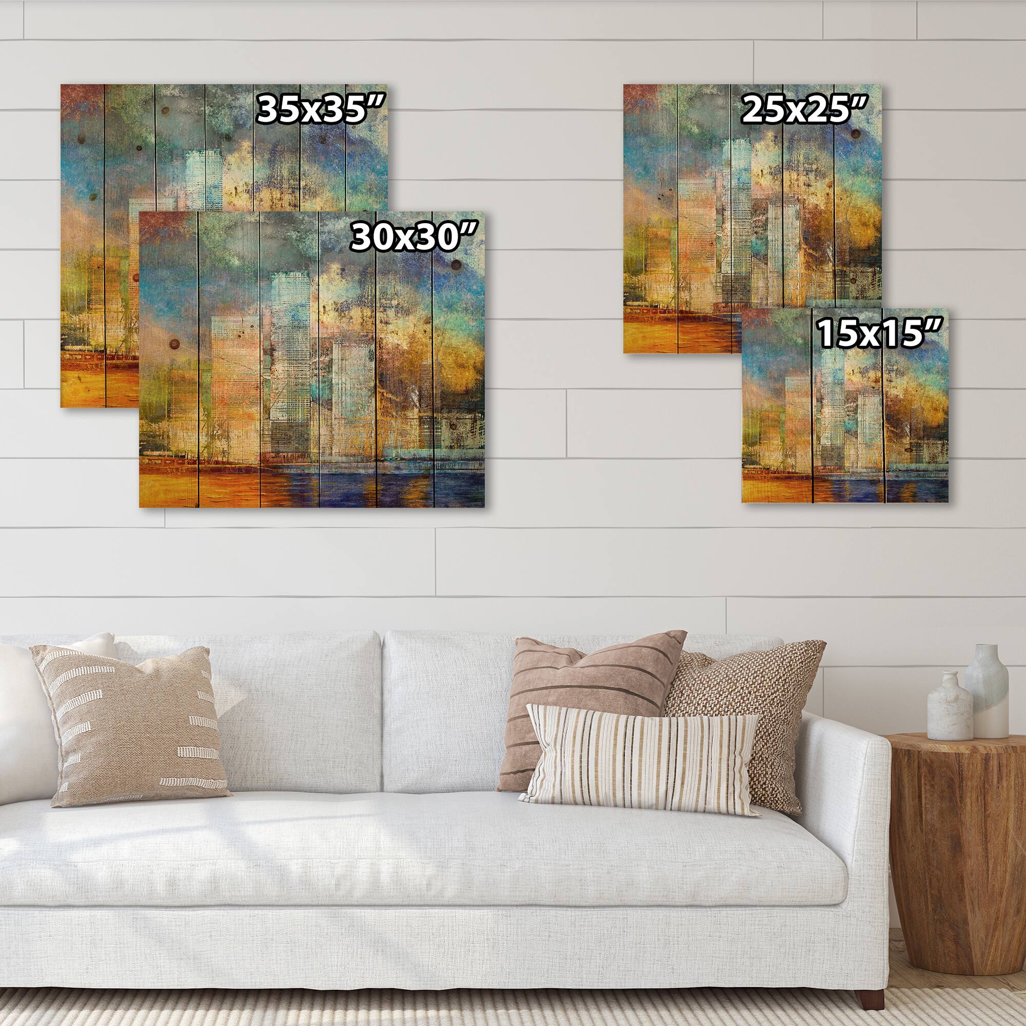 Designart - Skypscrapers By The Bridge In Futuristic City - Modern Print on Natural Pine Wood