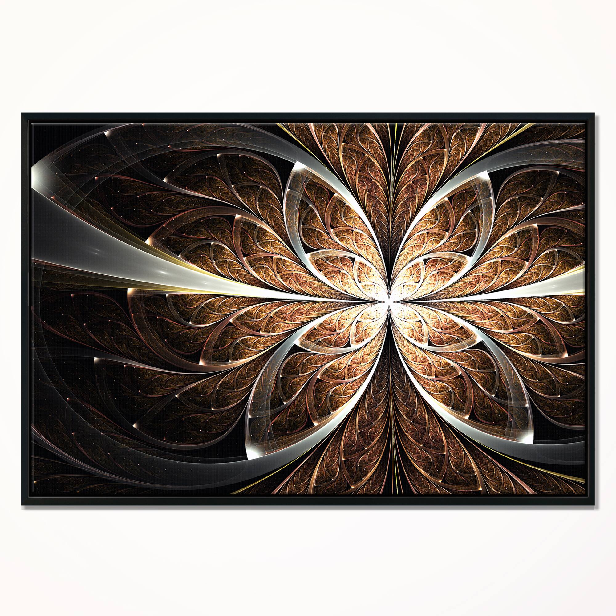 Designart - Fractal Flower Brown Black Digital Art - Floral Canvas Art Print in Black Frame