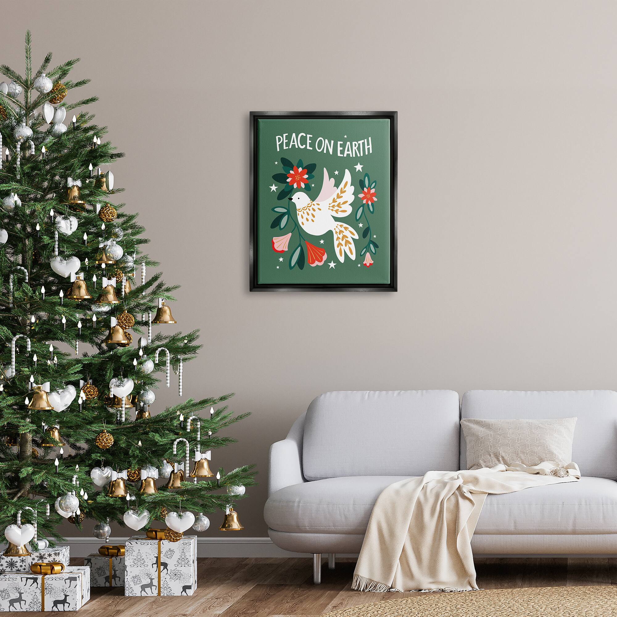 Stupell Industries Peace On Earth Floral Dove Blossoms Framed Floater Canvas Wall Art