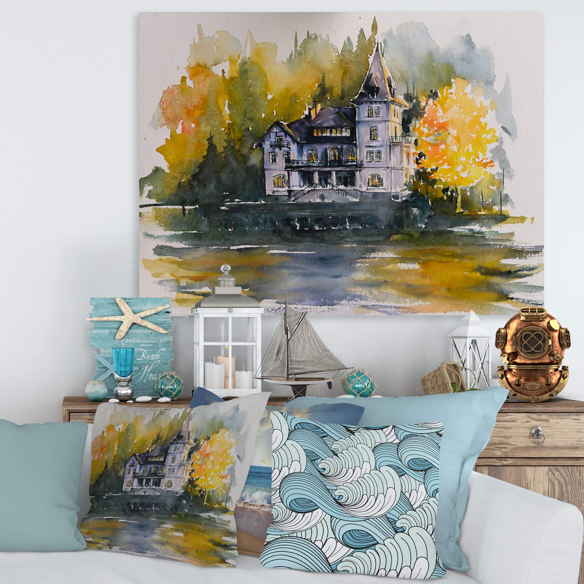 Designart - Castle By The Lake With Autumn Trees