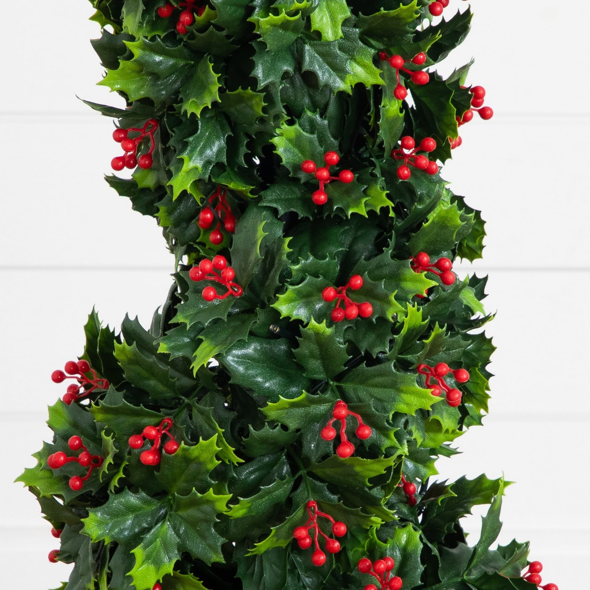 Nearly Natural 3ft. Pre-Lit UV Resistant Artificial Holly Berry Christmas Spiral Tree, Warm White Lights
