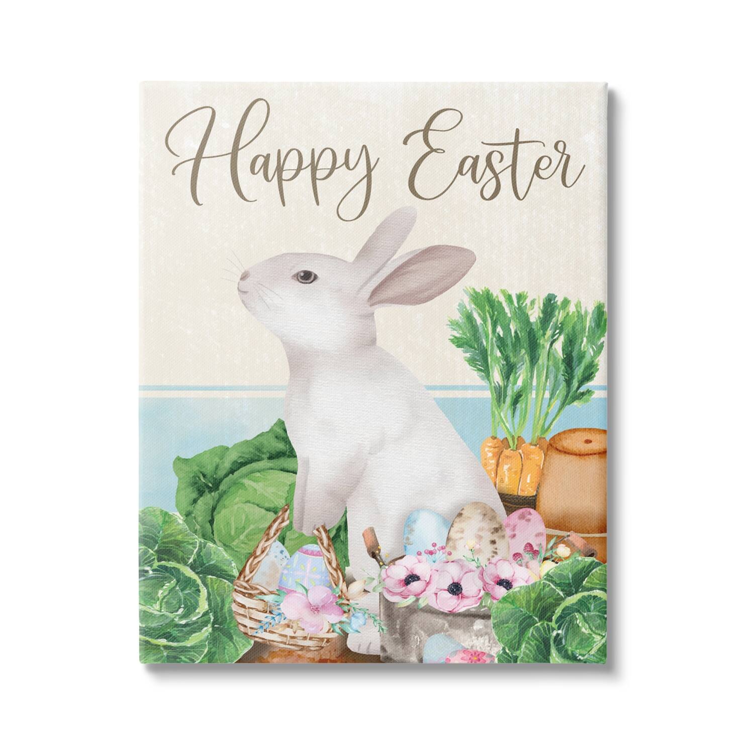 Stupell Industries Happy Easter Bunny Rabbit Greens Eggs Basket Canvas Wall Art