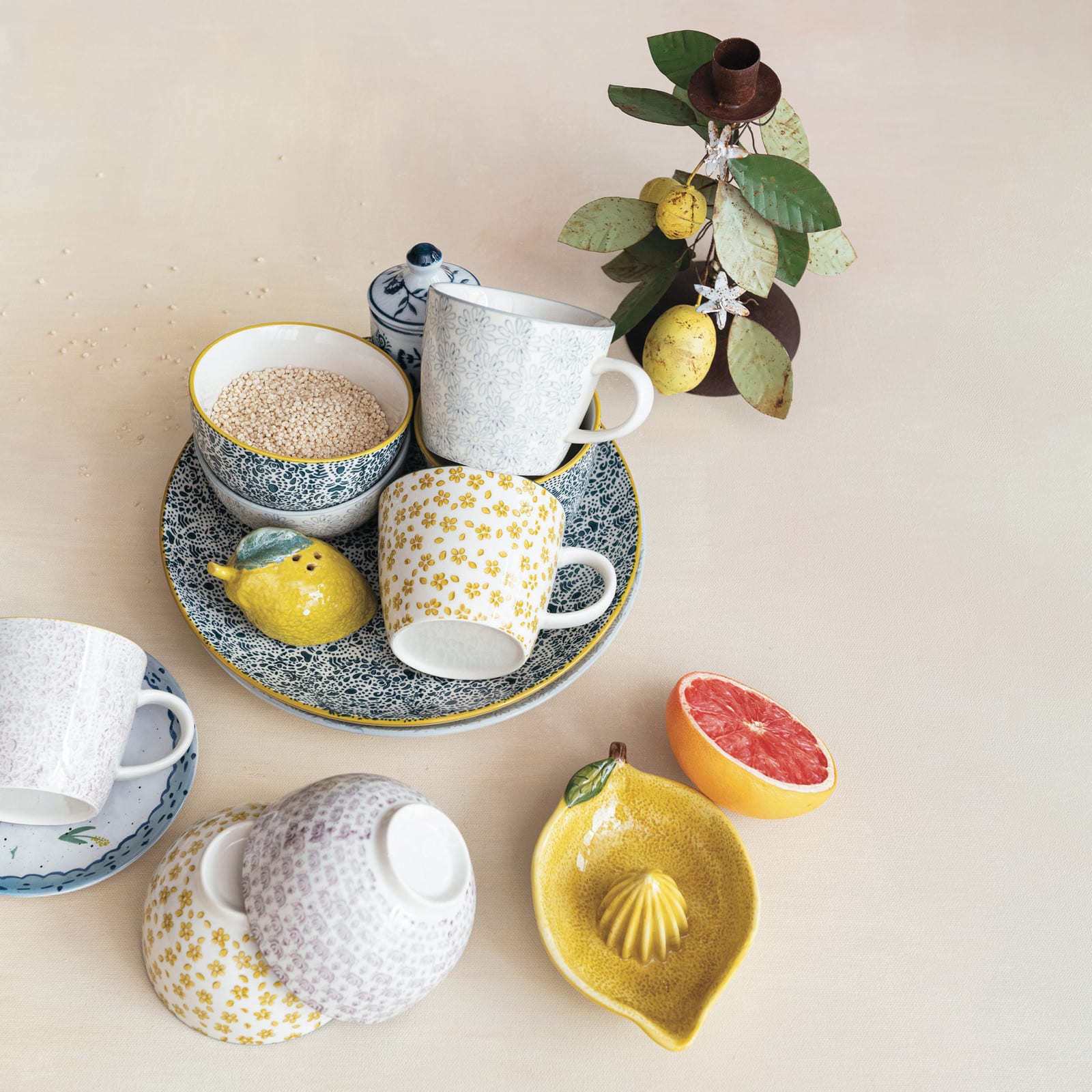 Hello Honey® 5" Flower Print Stoneware Mug Set
