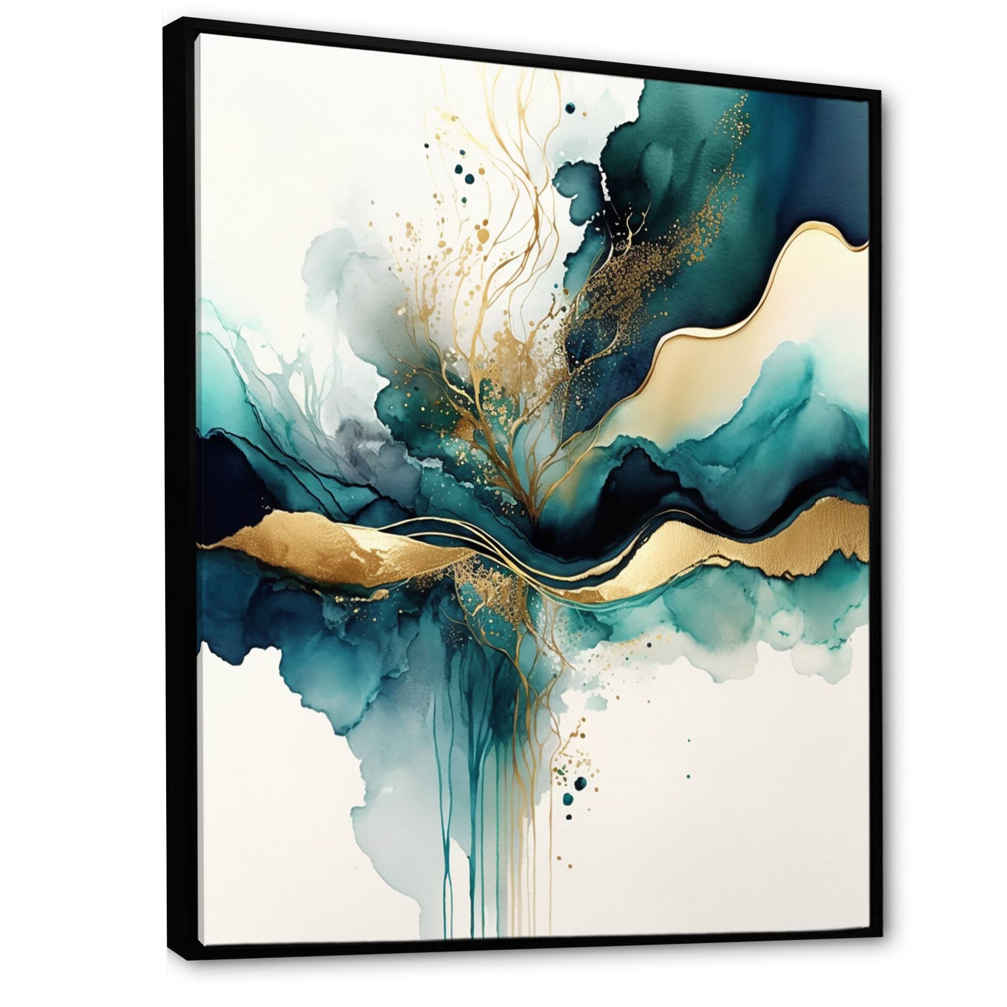 Designart 'Teal And Gold Abstract Expression III' Modern Framed Canvas Wall Art