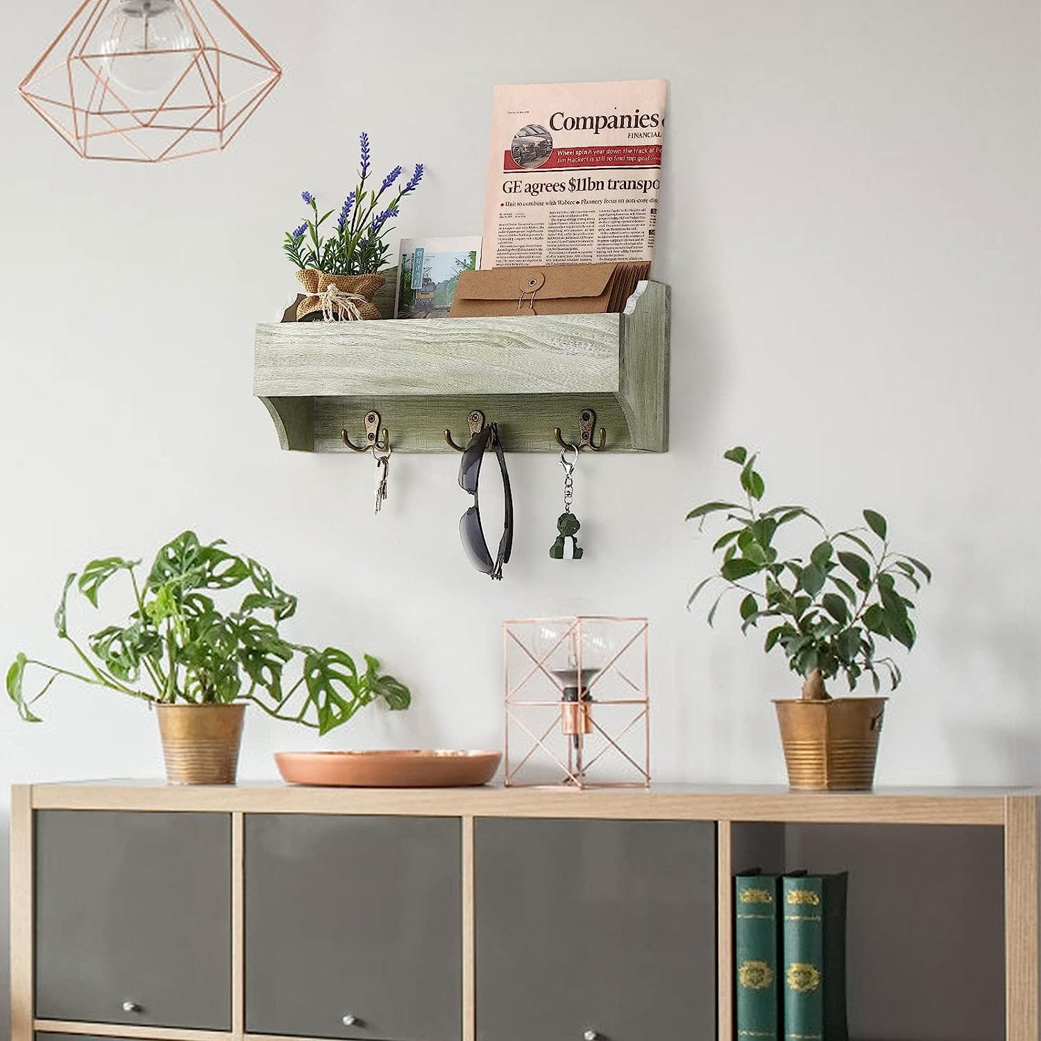 NEX™ Olive Green Wall-Mounted Wooden Key Rack with 3 Double Key Hooks