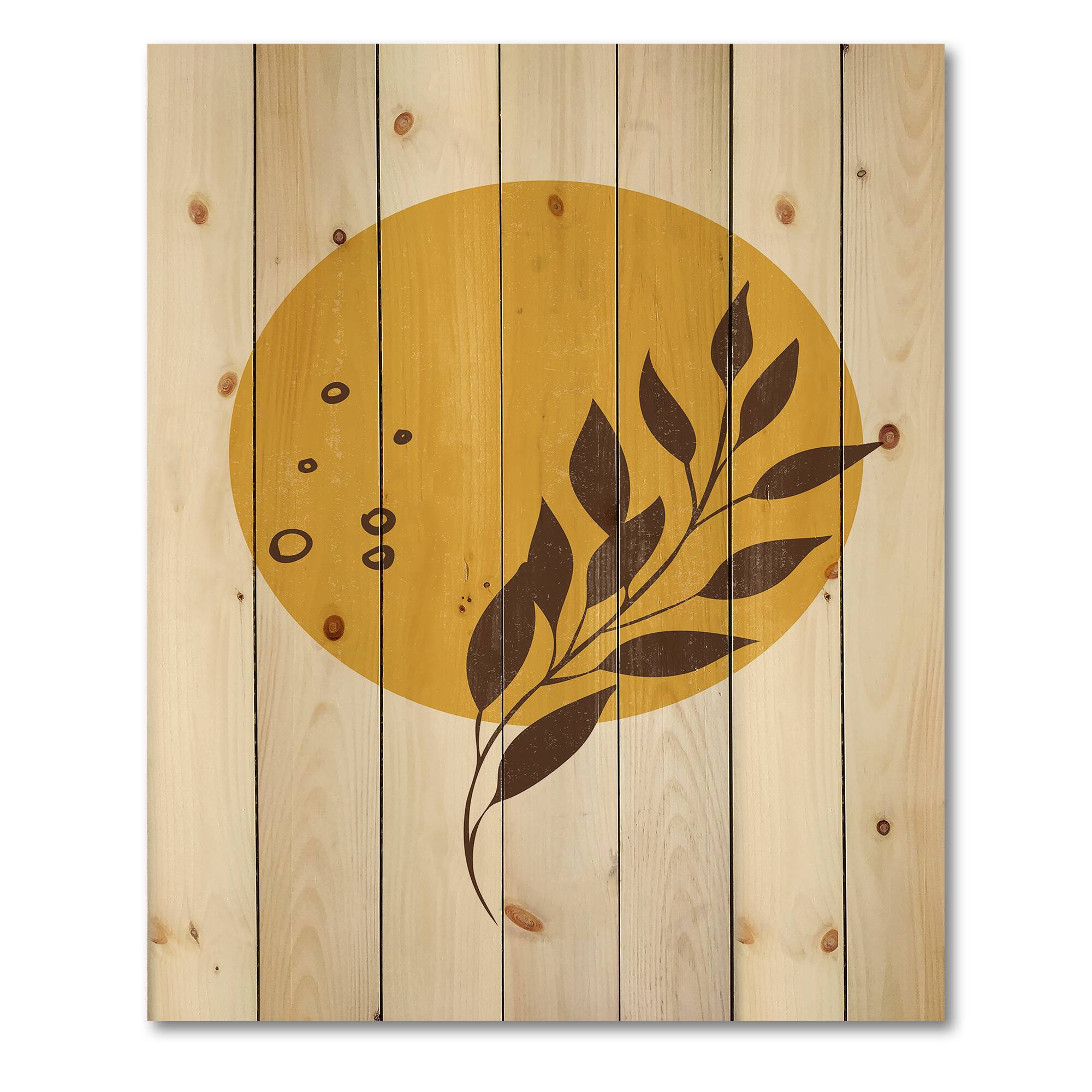Designart - Abstract Yellow Sun and Moon With Tropical Leaf II - Modern Print on Natural Pine Wood