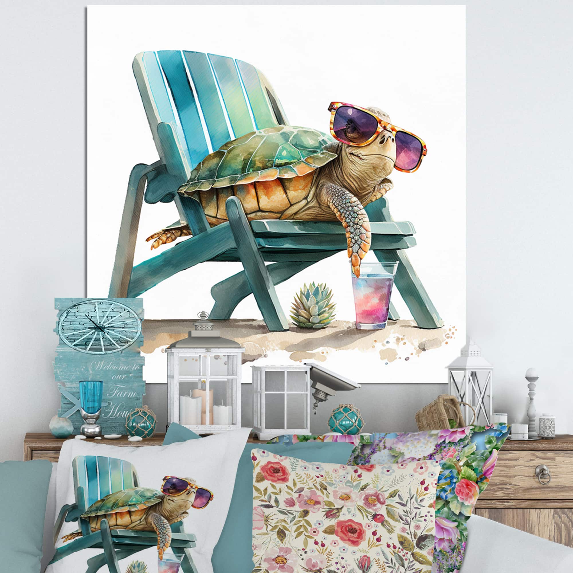 Designart 'Turtle Laying On A Beach Chair With Sunglasses I' Animals Canvas Wall Art