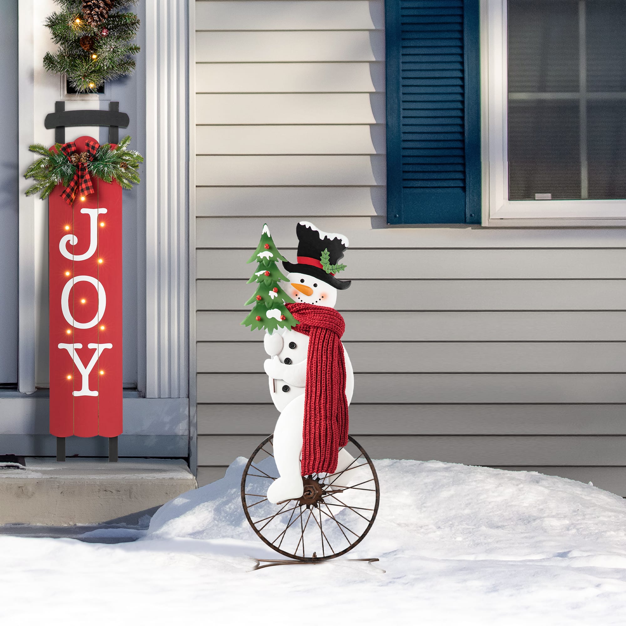 Glitzhome® 32" Metal Snowman Riding Bike Porch Décor