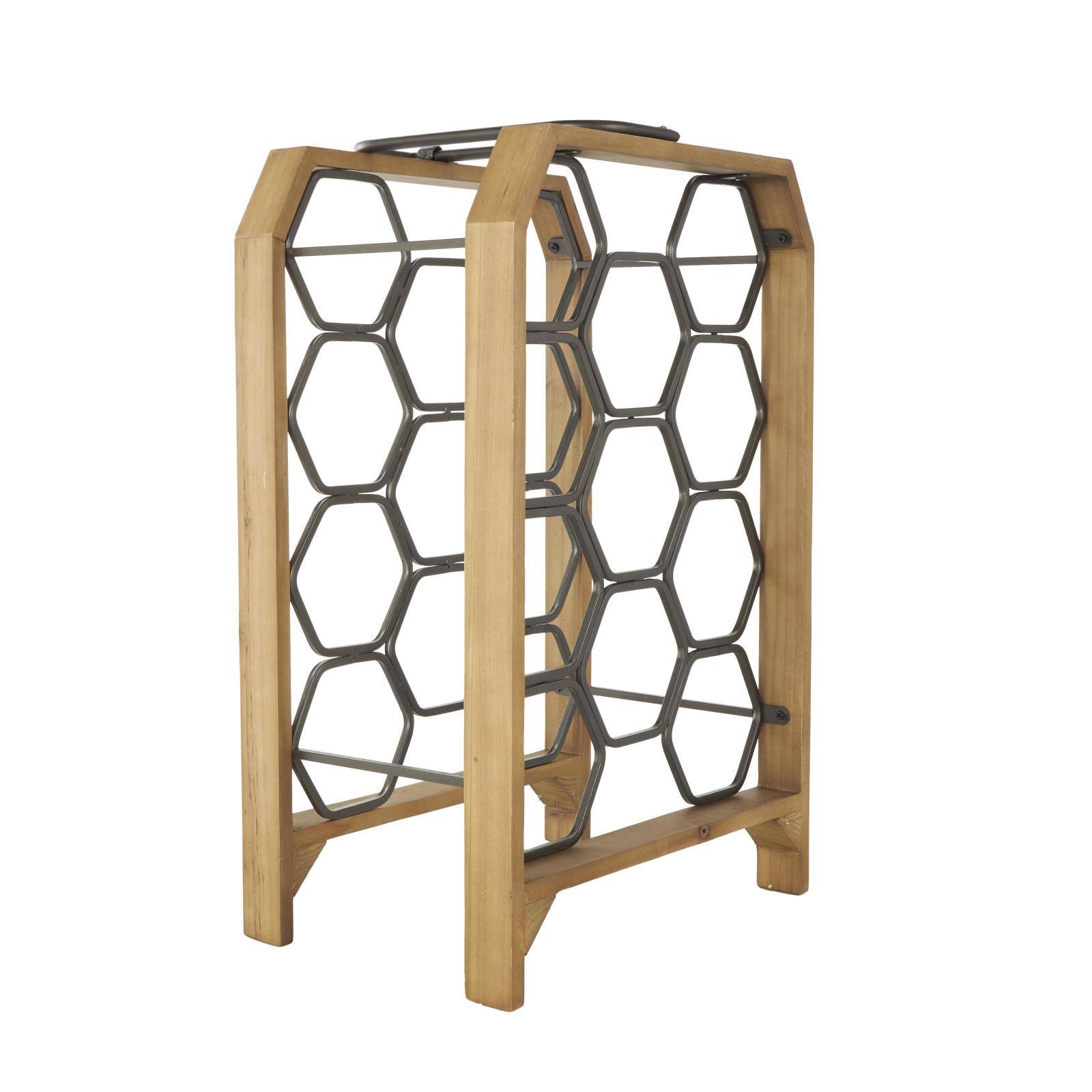 12" x 9" x 20" Brown Geometric 11 Slot Wooden Wine Rack with Gray Metal Curved Teardrop Holders