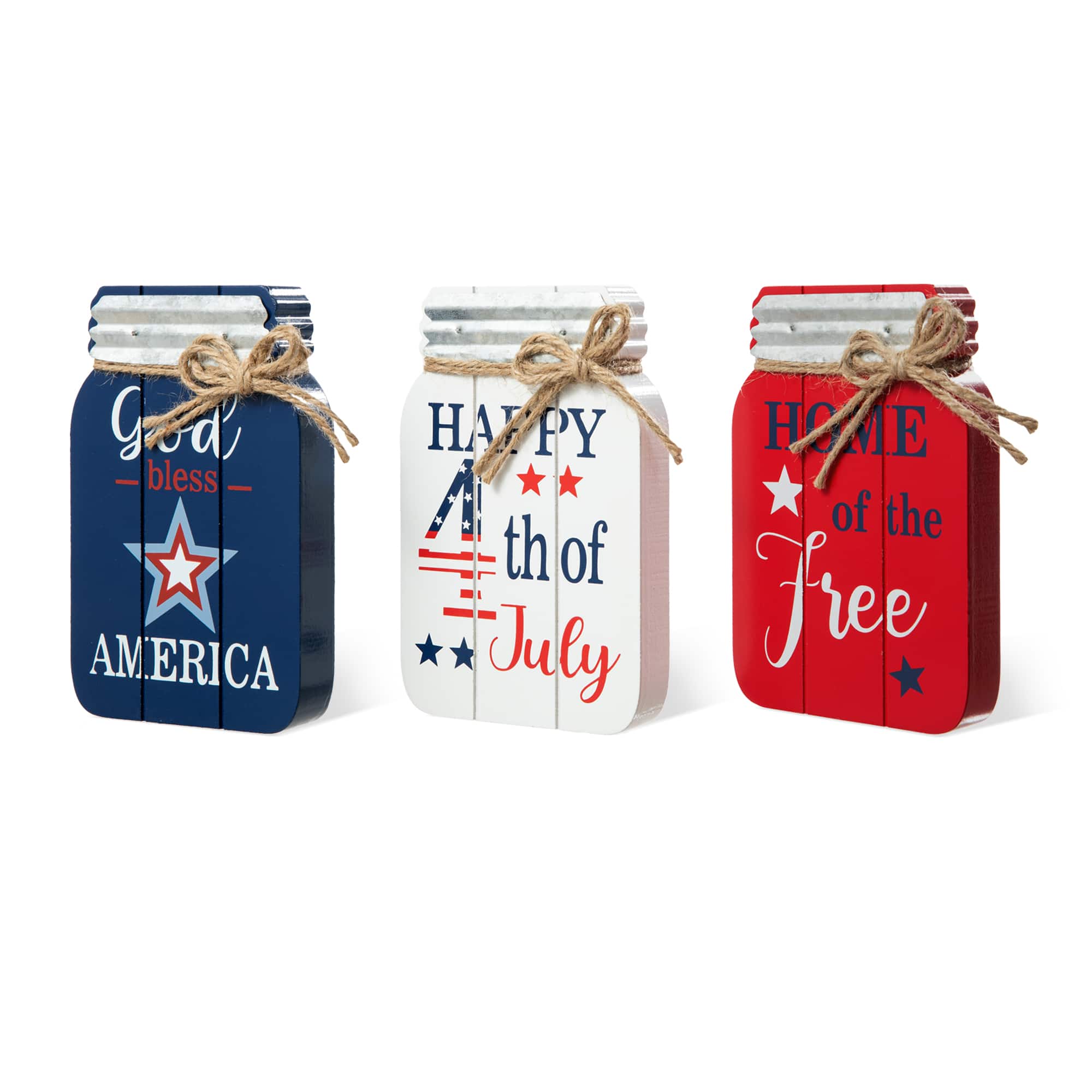 Glitzhome® 7" Patriotic Americana Mason Jar Tabletop Jar Décor Set