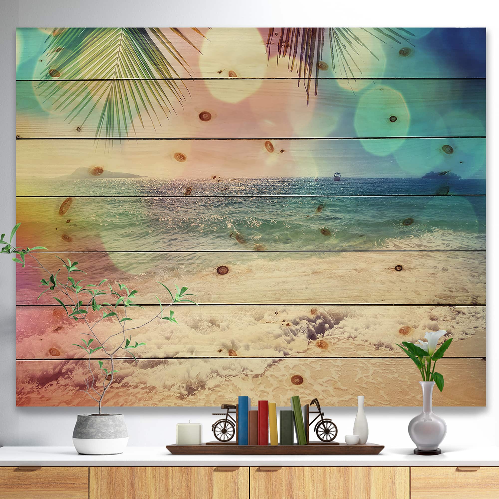 Designart - Colorful Serenity Tropical Beach - Seashore Print on Natural Pine Wood