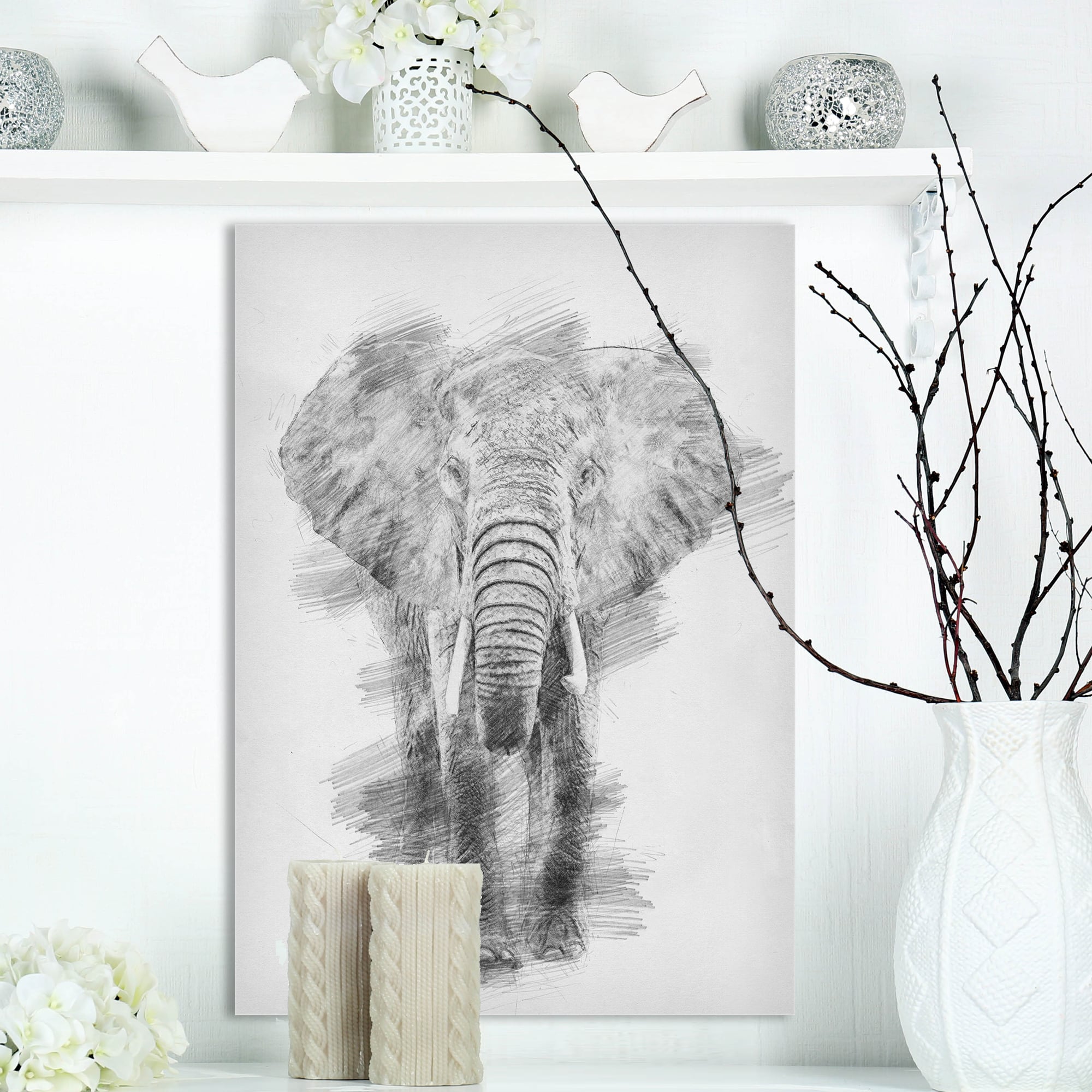 Designart - Black and White Elephant Pencil ketch - Animals Painting Print on Wrapped Canvas